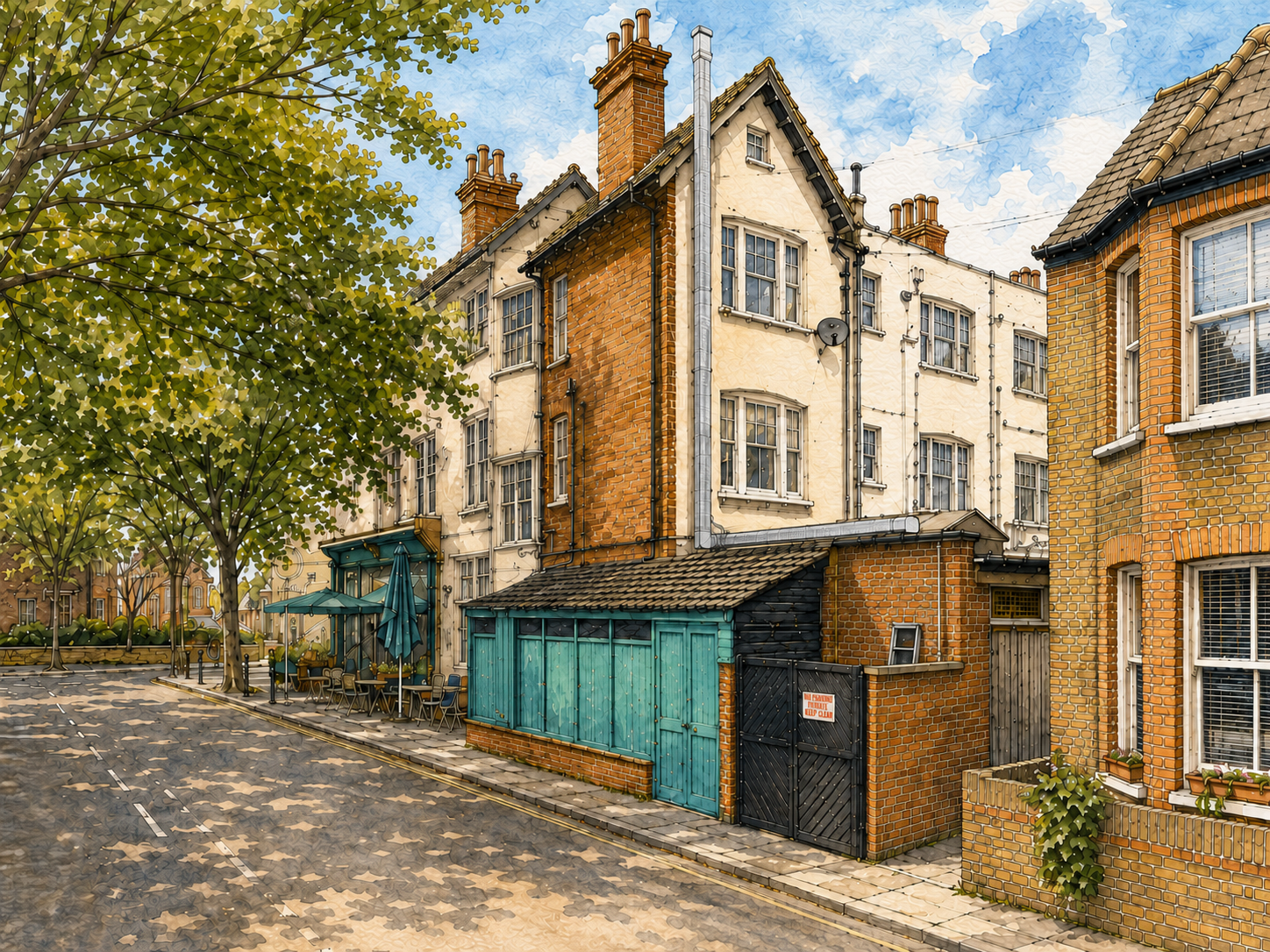 Malli Kew Road restaurant retrofit rear elevation in Richmond, London, shown as an architectural watercolour