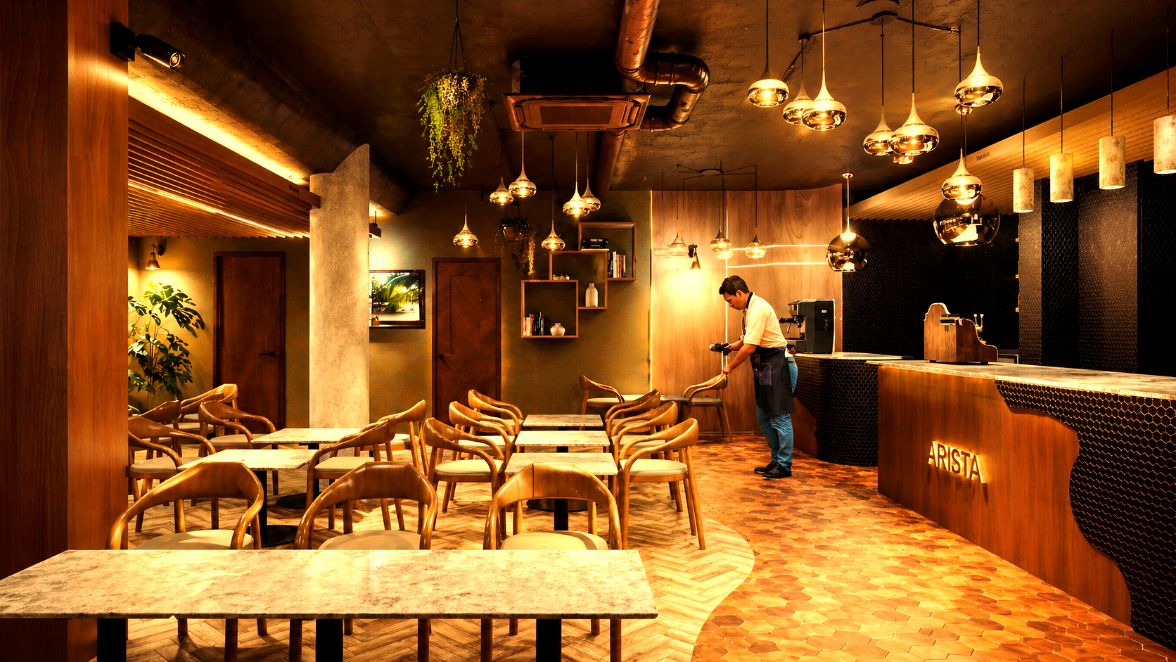 Visualisation — Seating area looking back towards the bar.