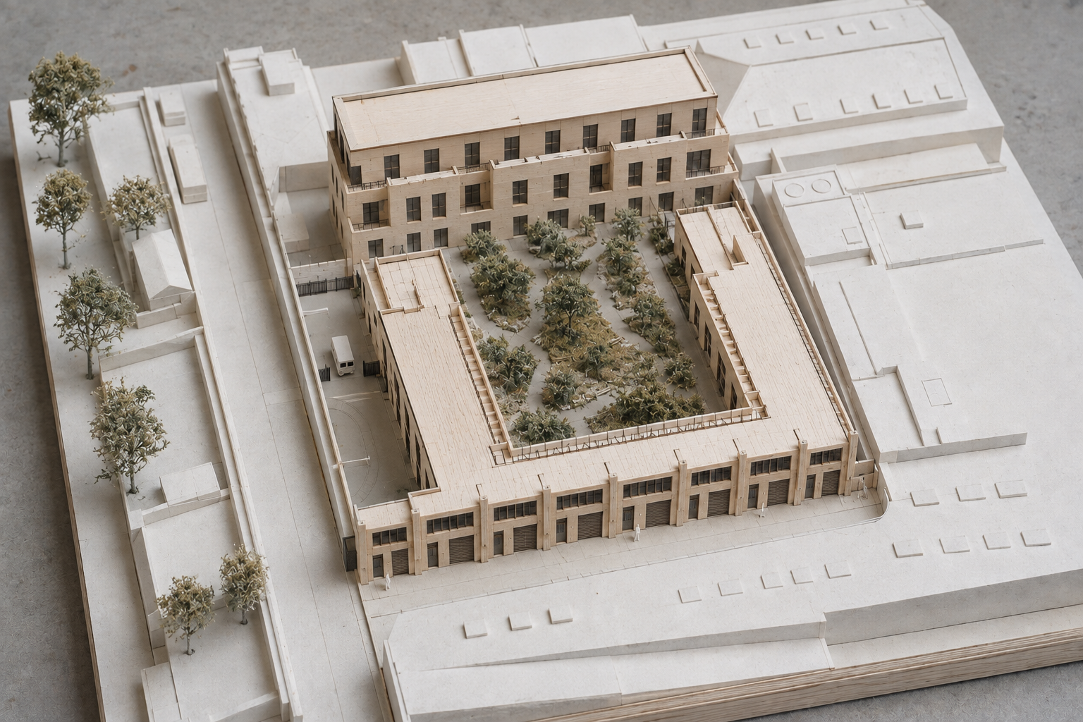 AI-generated architectural model-style study of the proposed massing; not a photograph of a constructed physical model.