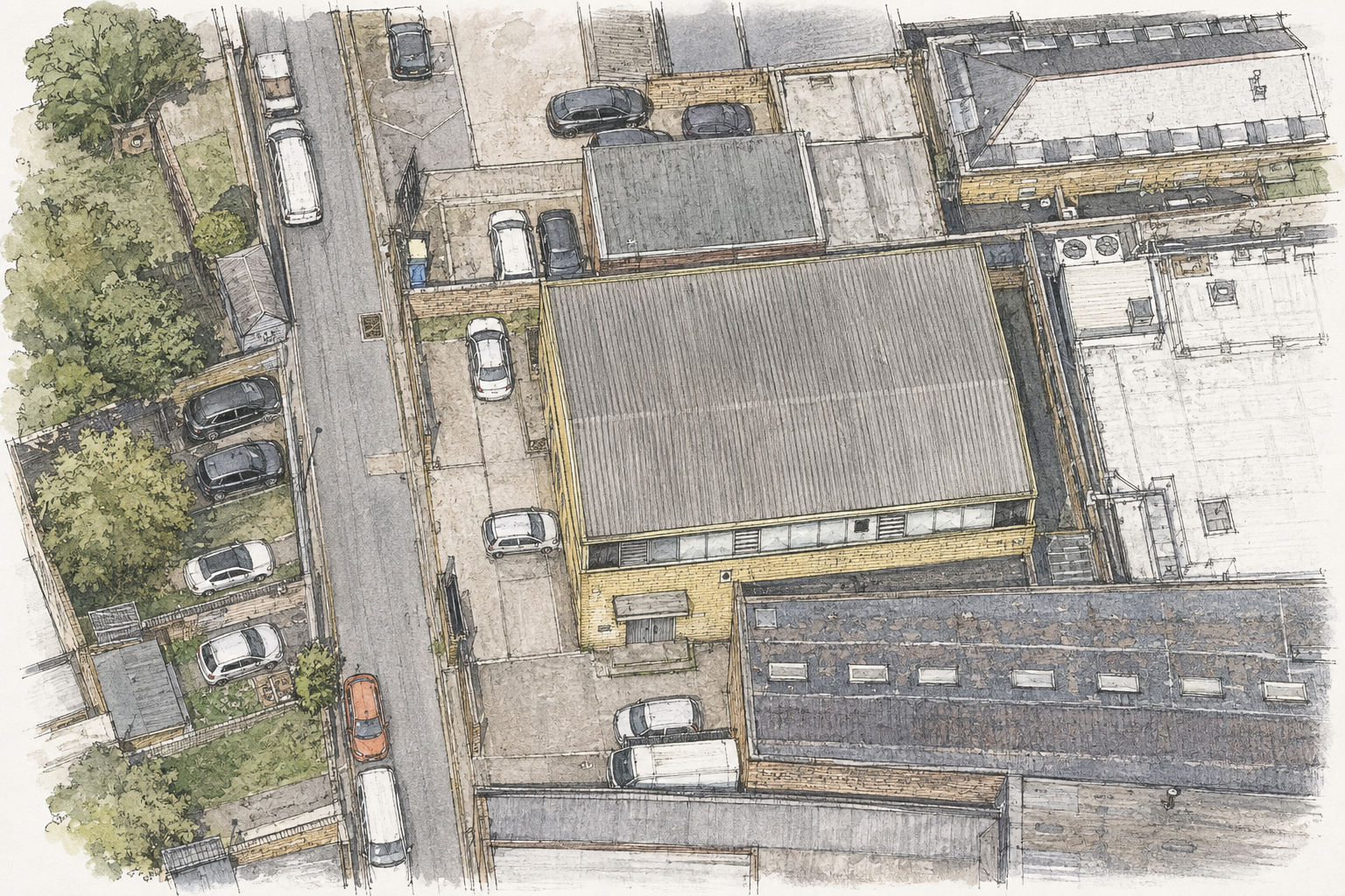 Existing-site axonometric reconstruction based on available mapping and imagery; not a measured or title survey.