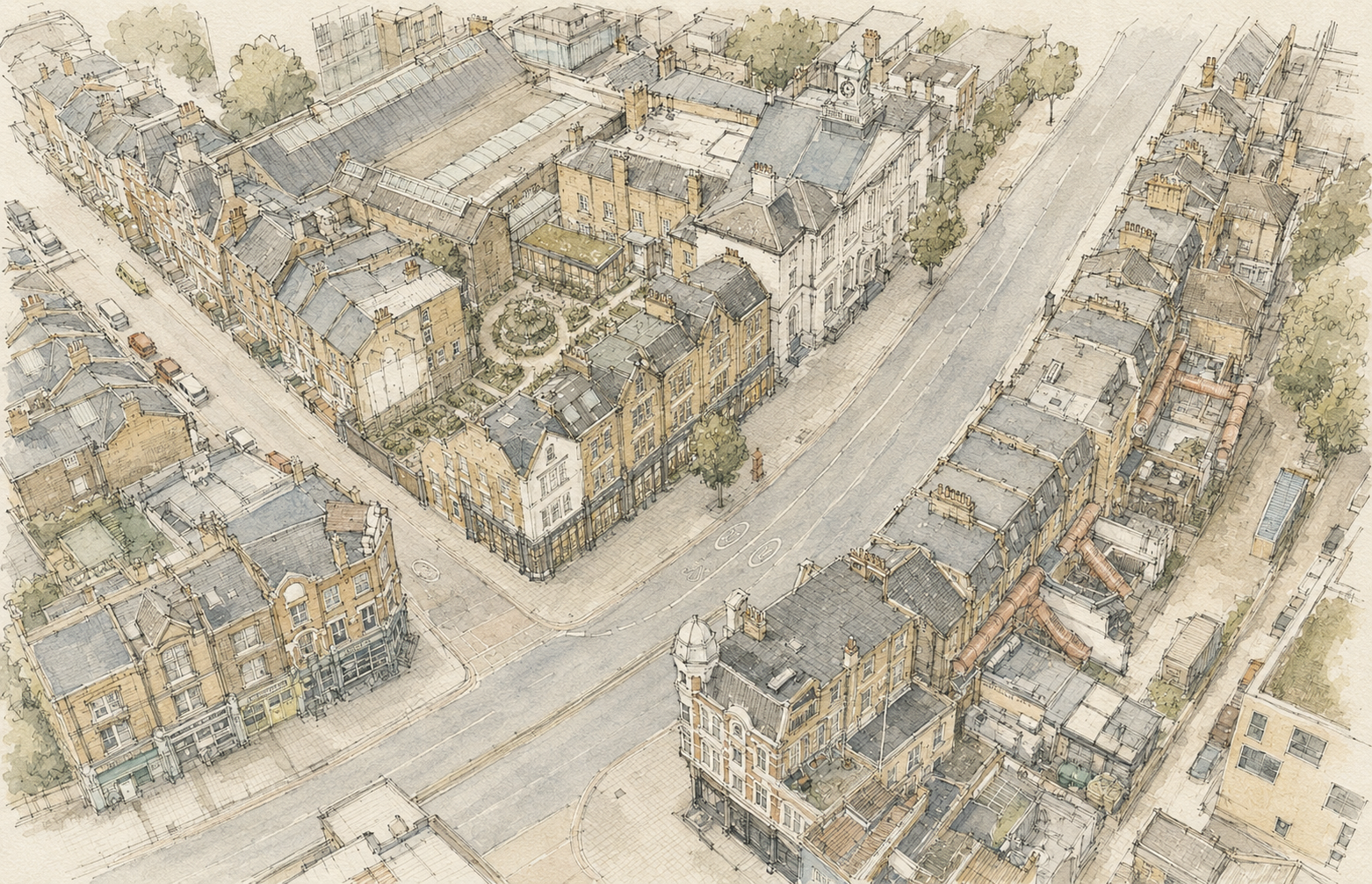 Courtyard Landscape — Illustrative neighbourhood-scale view of the landscape-led rear intervention behind the retained frontage.