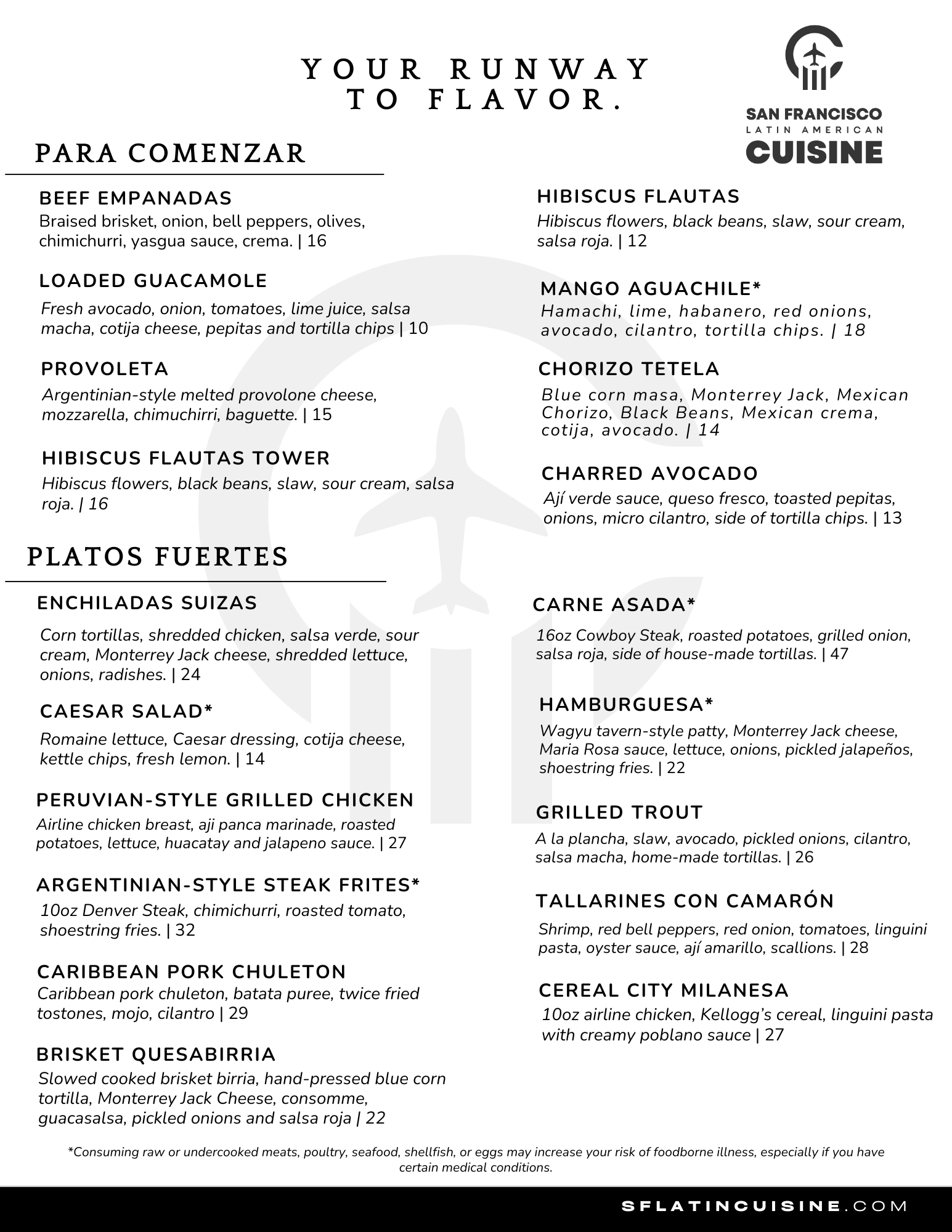Menu from San Francisco Latin American Cuisine featuring appetizers, salads, and main dishes with various meats, seafood, and vegetarian options.