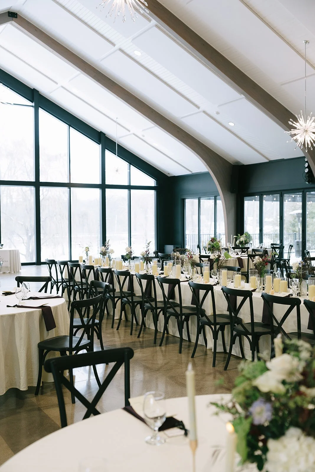 Winter wedding reception at Everhart Gathering Place in Nevada, Ohio coordinated by Ann Neely Events.