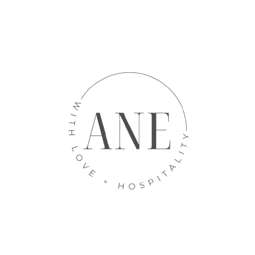 Ann Neely Events Circle Logo With Love and Hospitality, with the ANE inside a circle.