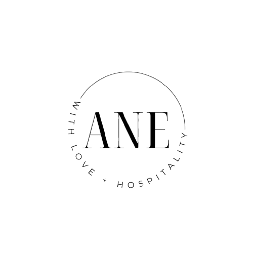 Ann Neely Events Circle Logo With Love and Hospitality, with the ANE inside a circle.