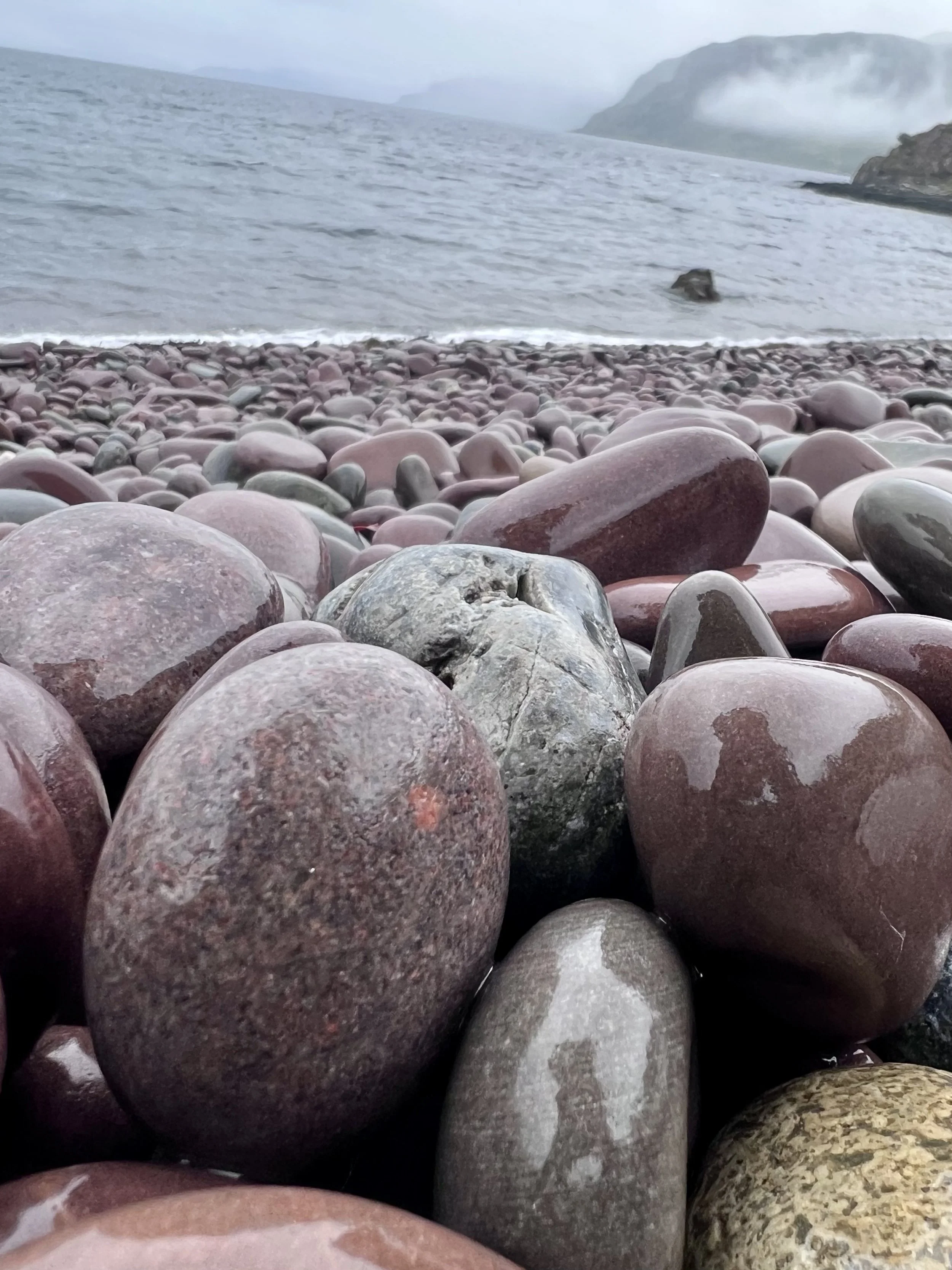 Close-up of smooth, wet, multicolored stones on a beach, with a distant view of the ocean, fog-covered cliffs, and mountains in the background.