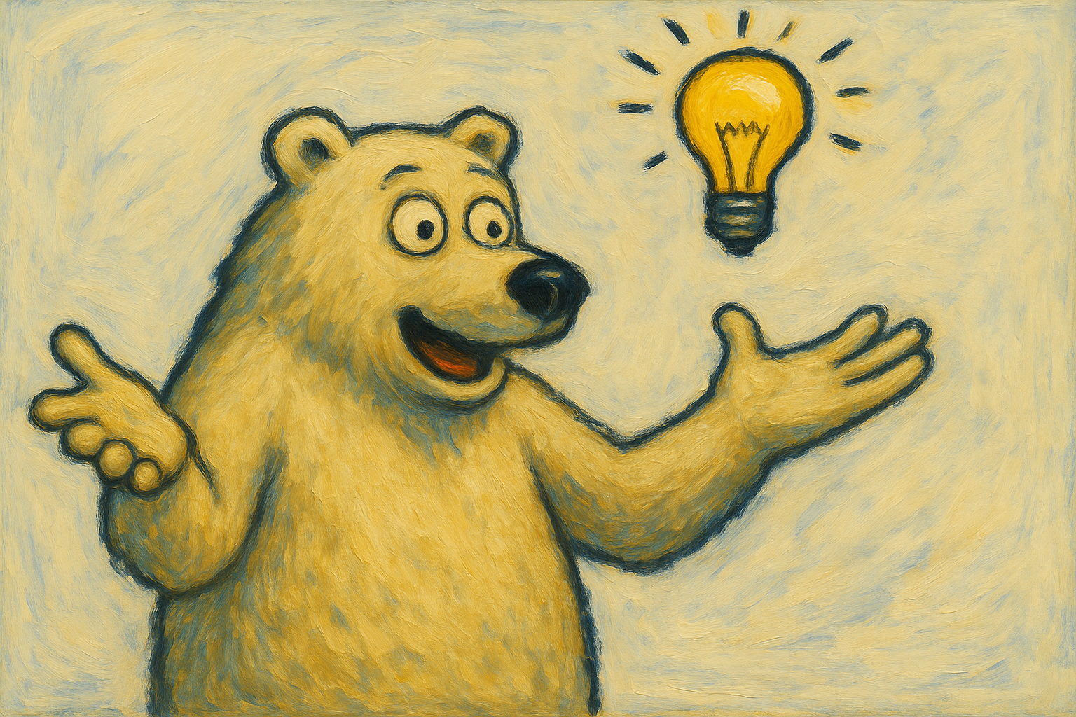 A cartoon bear with wide eyes and open mouth smiling, gesturing with open arms, with a glowing yellow light bulb above its right hand, representing an idea or inspiration.