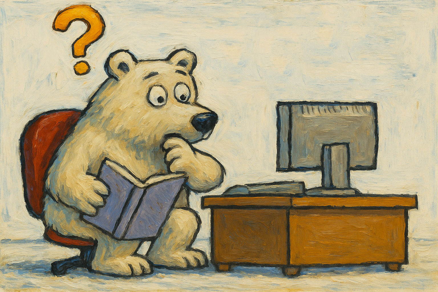 A cartoon-style bear sitting on a red chair, holding a book and looking at a computer monitor on a wooden desk, with a large orange question mark above its head.