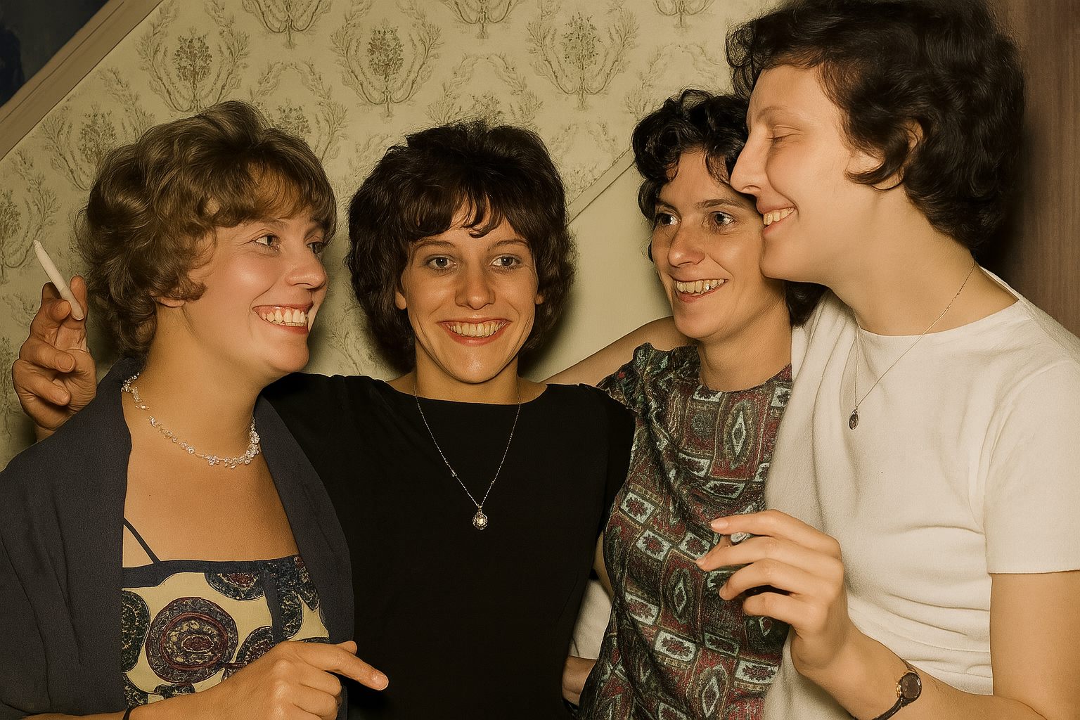 The restored photograph bursts with new life, transforming a faded print into a vibrant and authentic colour image. The four sisters are captured in a moment of joy, their smiles and expressions now clear and full of warmth. Colours have been careful