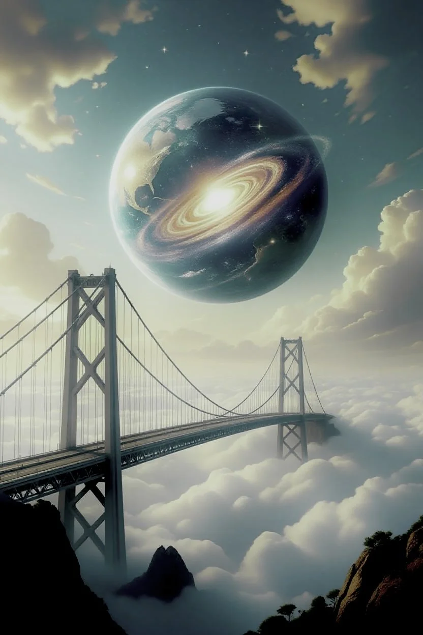 A surreal scene of the Golden Gate Bridge floating above clouds with a large planet in the sky, which has a galaxy inside it, against a partly cloudy sky.