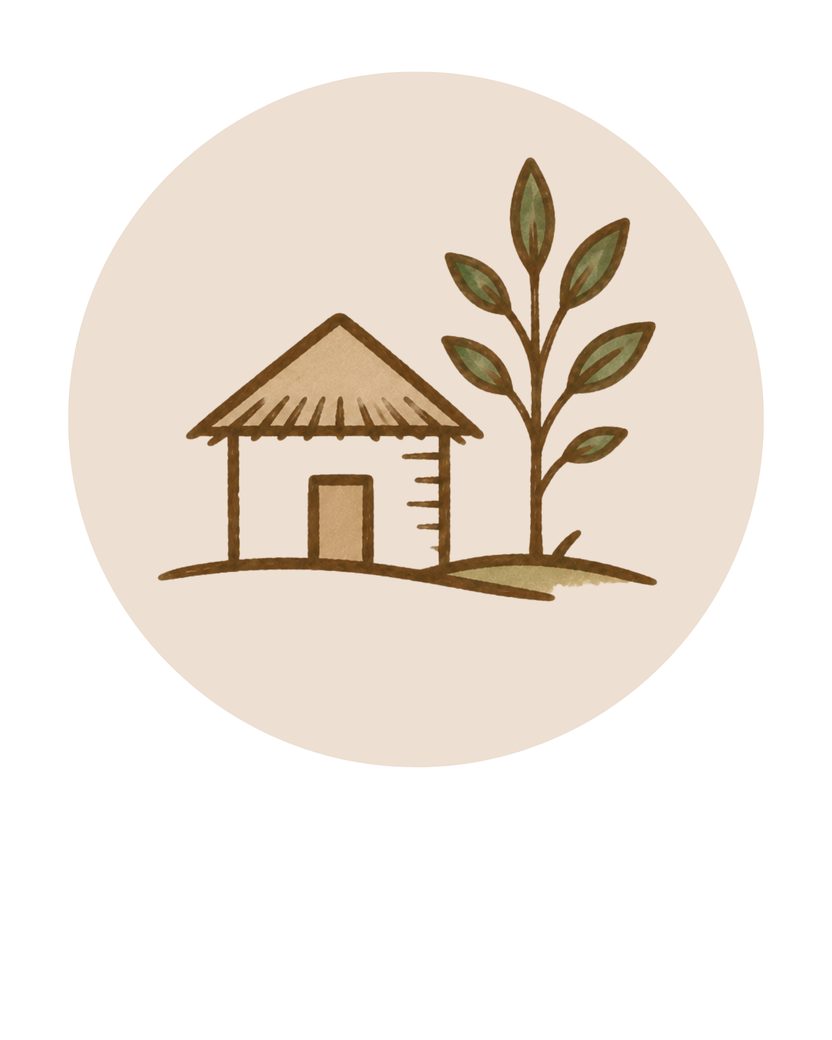 Illustration of a small house or hut with a thatched roof and a door, next to a tall plant with multiple oval leaves.