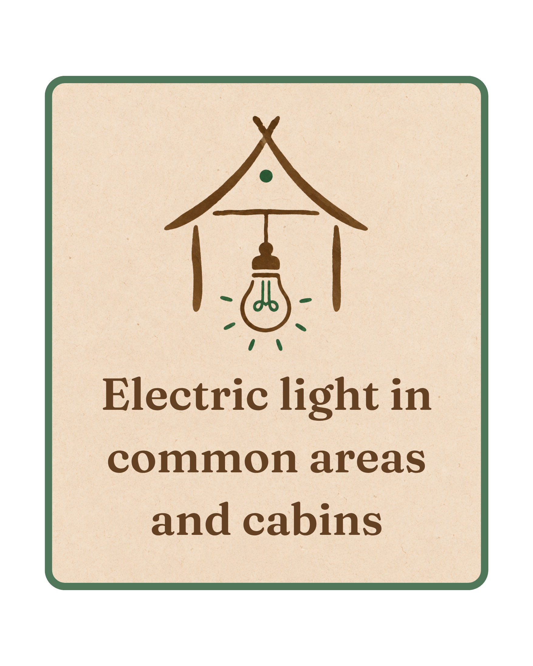 The image contains a vintage style sign with a drawing of a hanging lightbulb and the text "Electric lighting common areas and cabins".