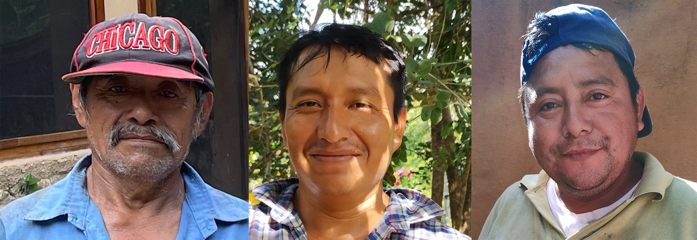 Three men are shown in this image. The first is an older man with a mustache and gray beard, wearing a red and black 'Chicago' cap and a light blue shirt. The second is a middle-aged man with short dark hair, smiling, wearing a plaid shirt, and standing outdoors among trees and plants. The third is a man with dark hair and facial hair, wearing a blue cap backwards and a beige polo shirt, standing against a plain wall.