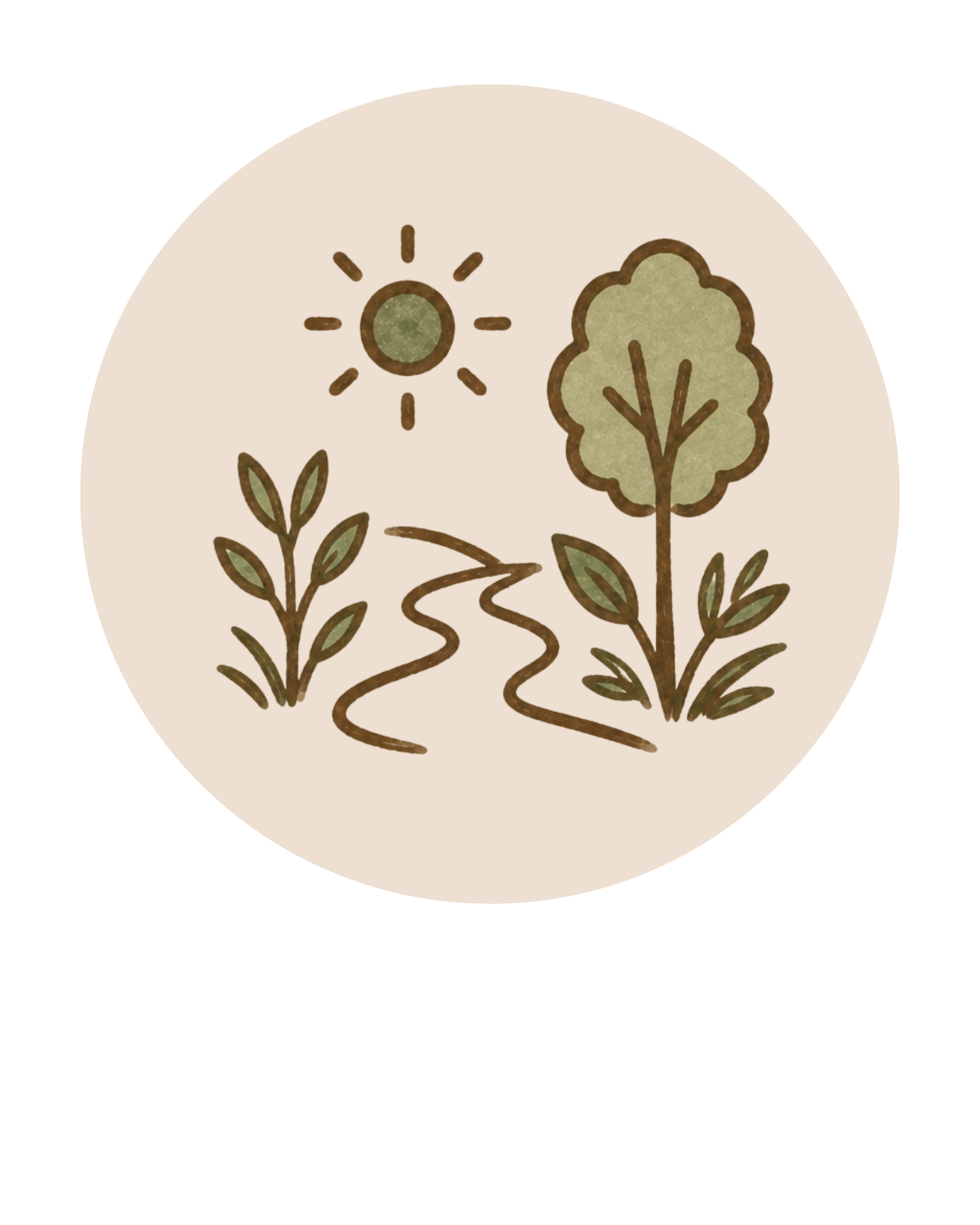 Illustration of a sun, a tree, children playing, and a path in a nature setting.