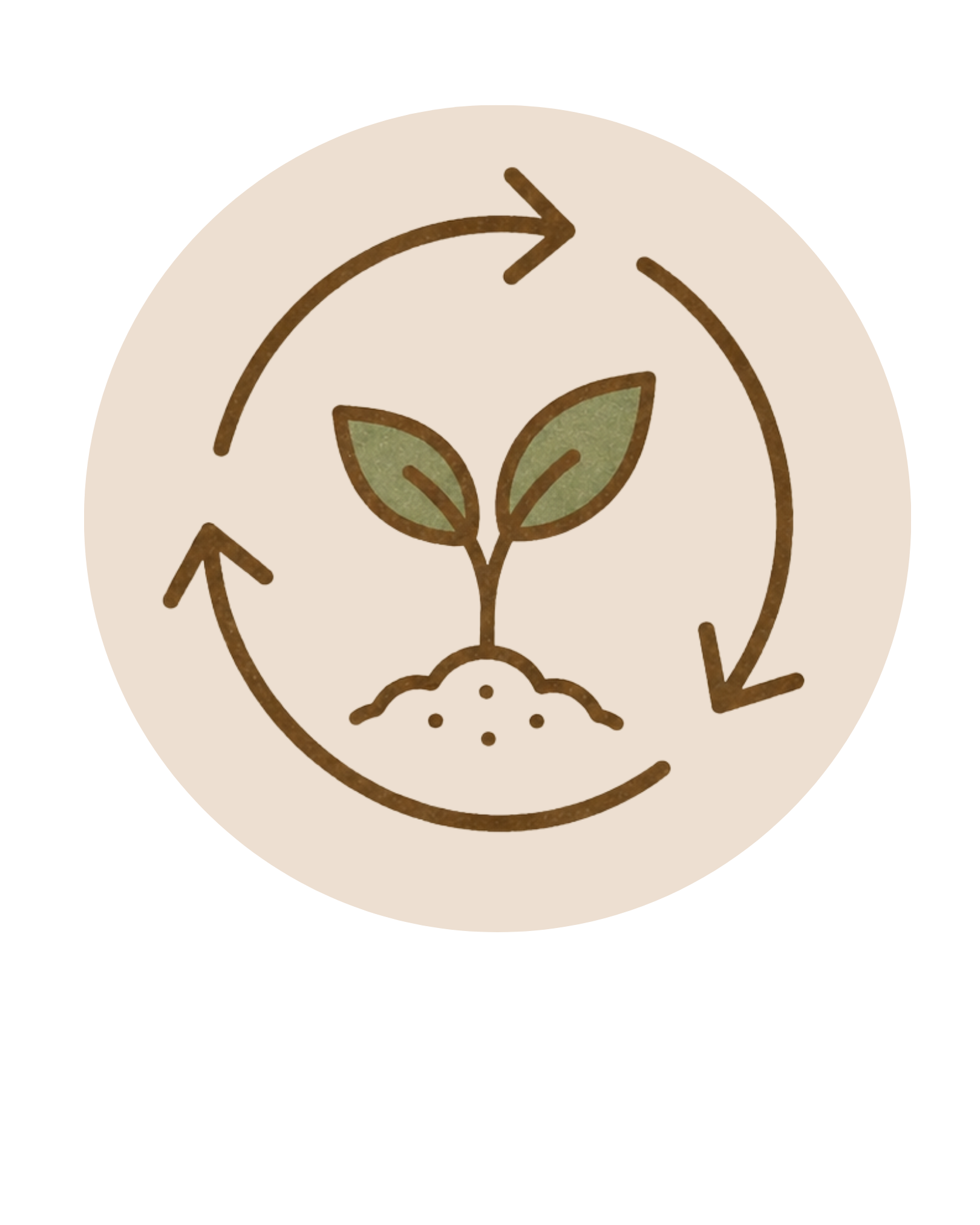 A circular eco-friendly emblem featuring a plant with two leaves, encircled by two curved arrows to symbolize sustainability and recycling.