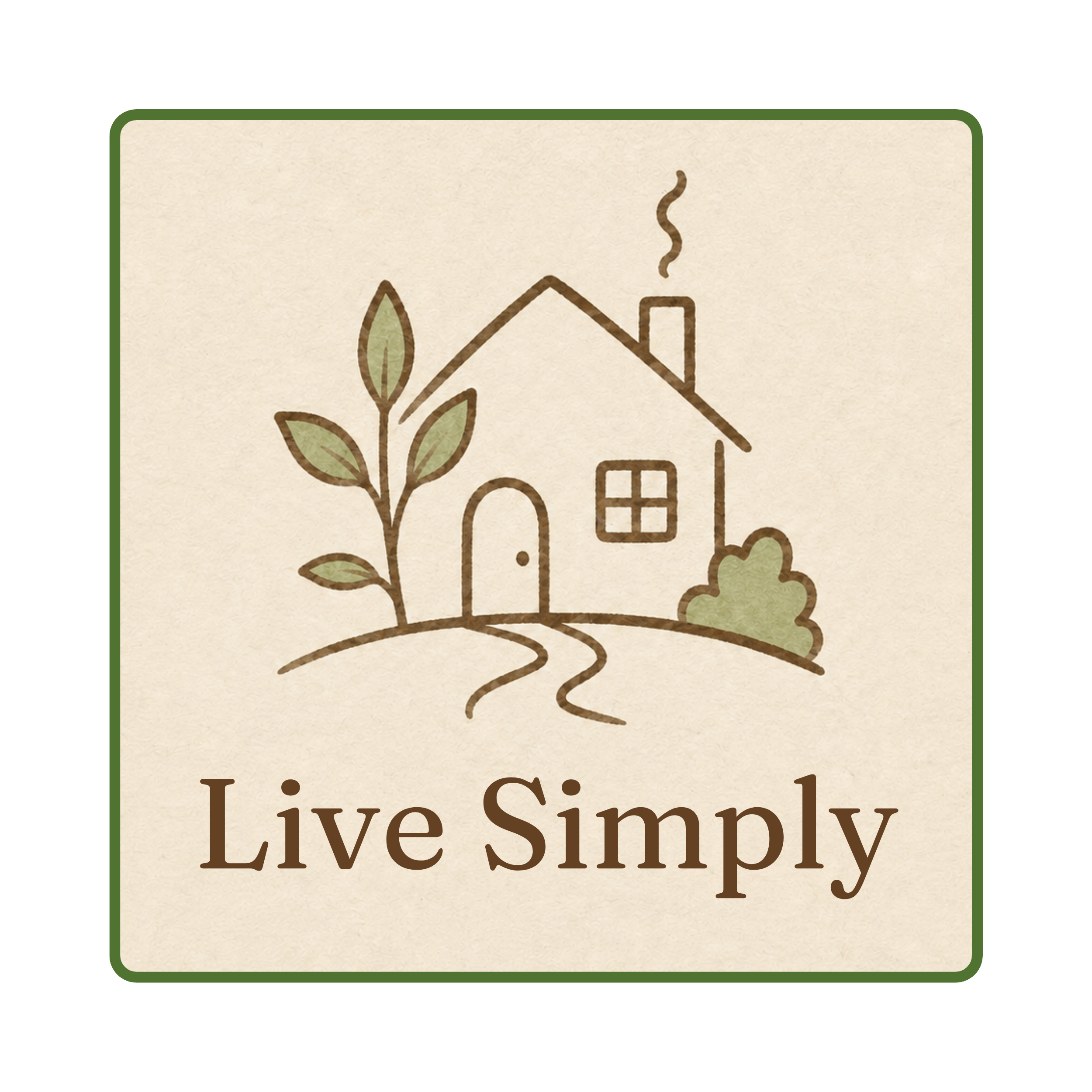 Illustration of a house with a plant growing beside it and the phrase "Live Simply" written below.