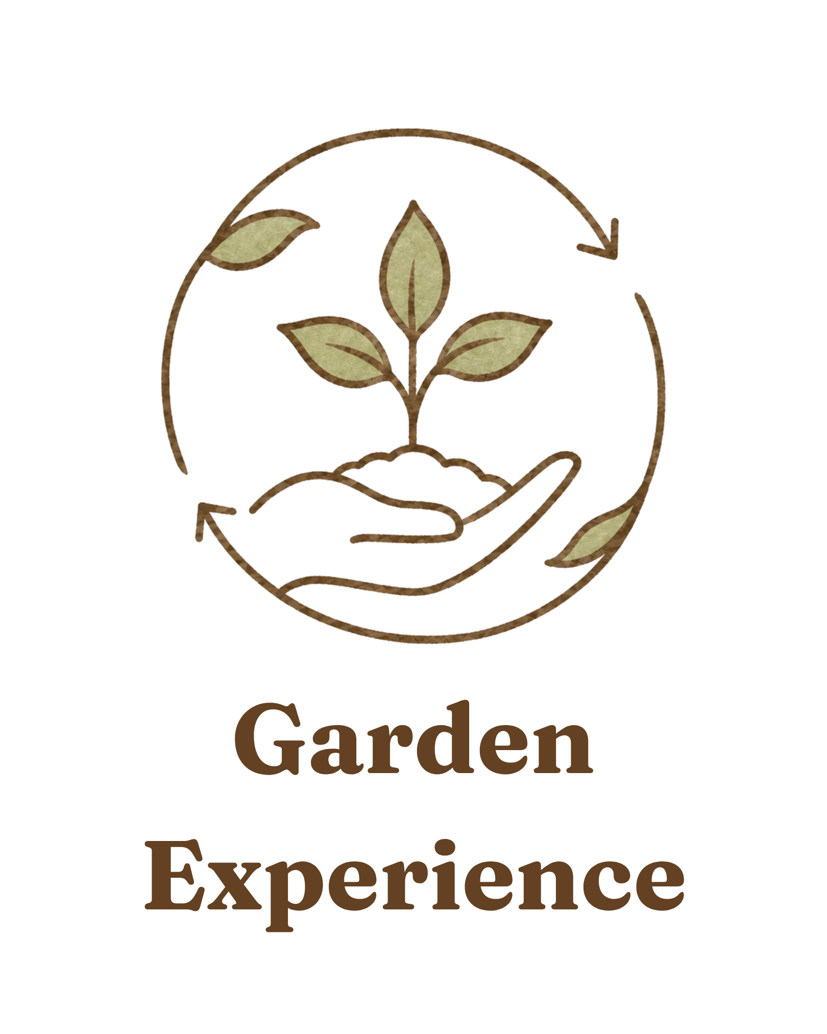 A logo with a hand holding soil and a plant with leaves, circled by recycling arrows, with the words 'Garden Experience' underneath.