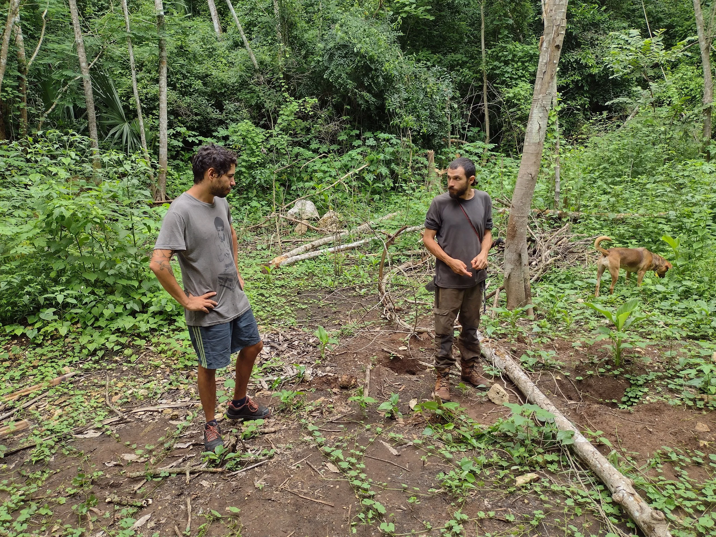 Two men and a dog in a lush green forest, one man in a grey t-shirt and shorts, the other in a dark t-shirt and pants, with the dog sniffing the ground nearby.