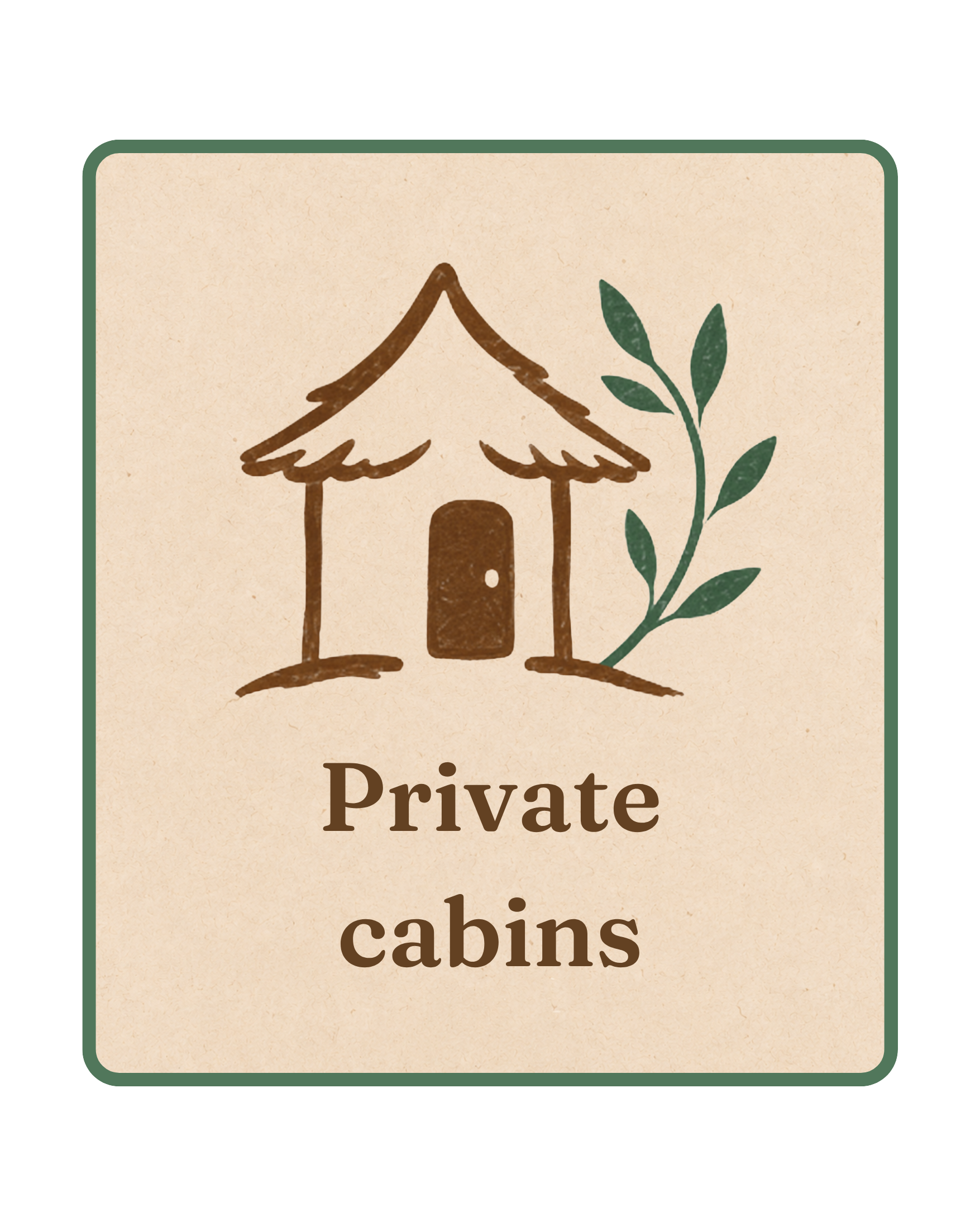 Sign with a brown illustration of a mountain cabin and green leaves, with the words "Private cabins" on a beige background.