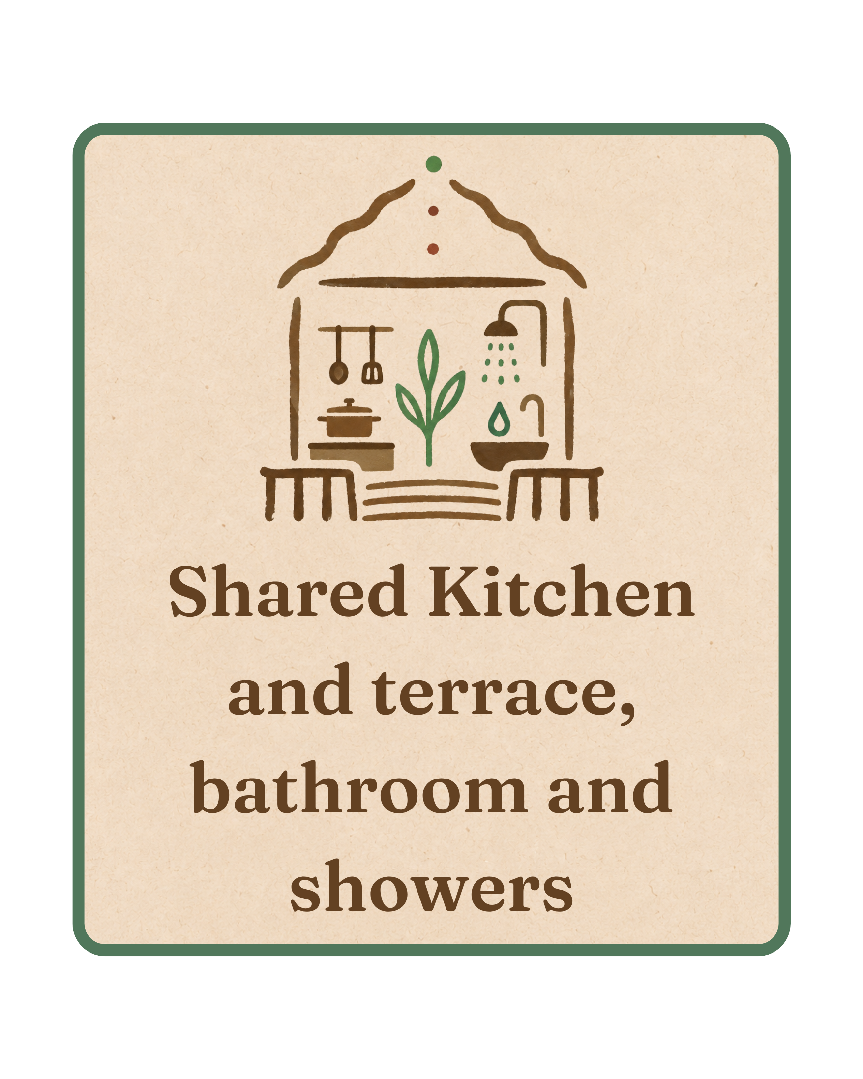 Illustration of a shared kitchen, bathroom, and showers with a plant in the center.