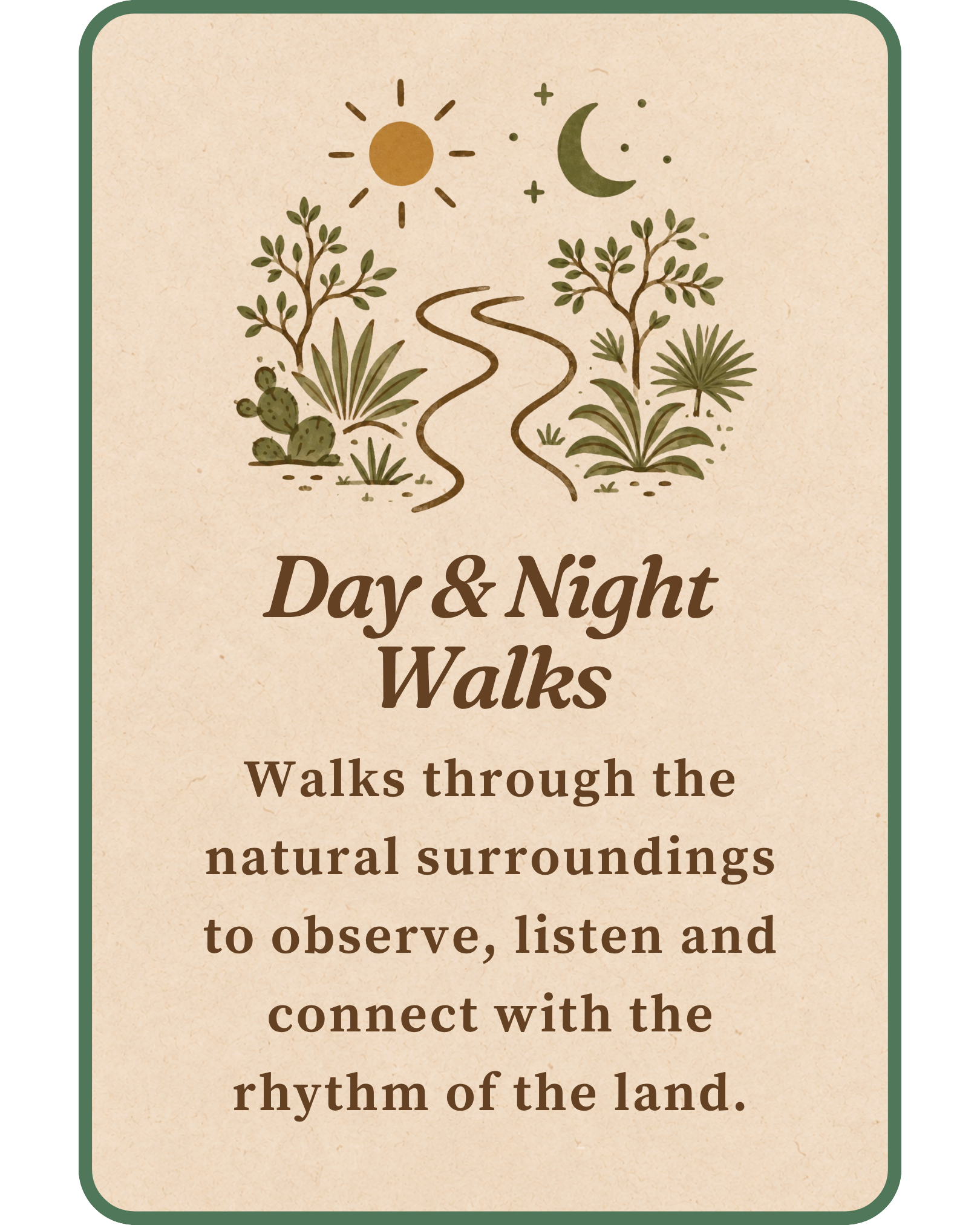 Illustration of the sun and moon with trees, bushes, and plants, accompanied by text about day and night walks through the natural surroundings.