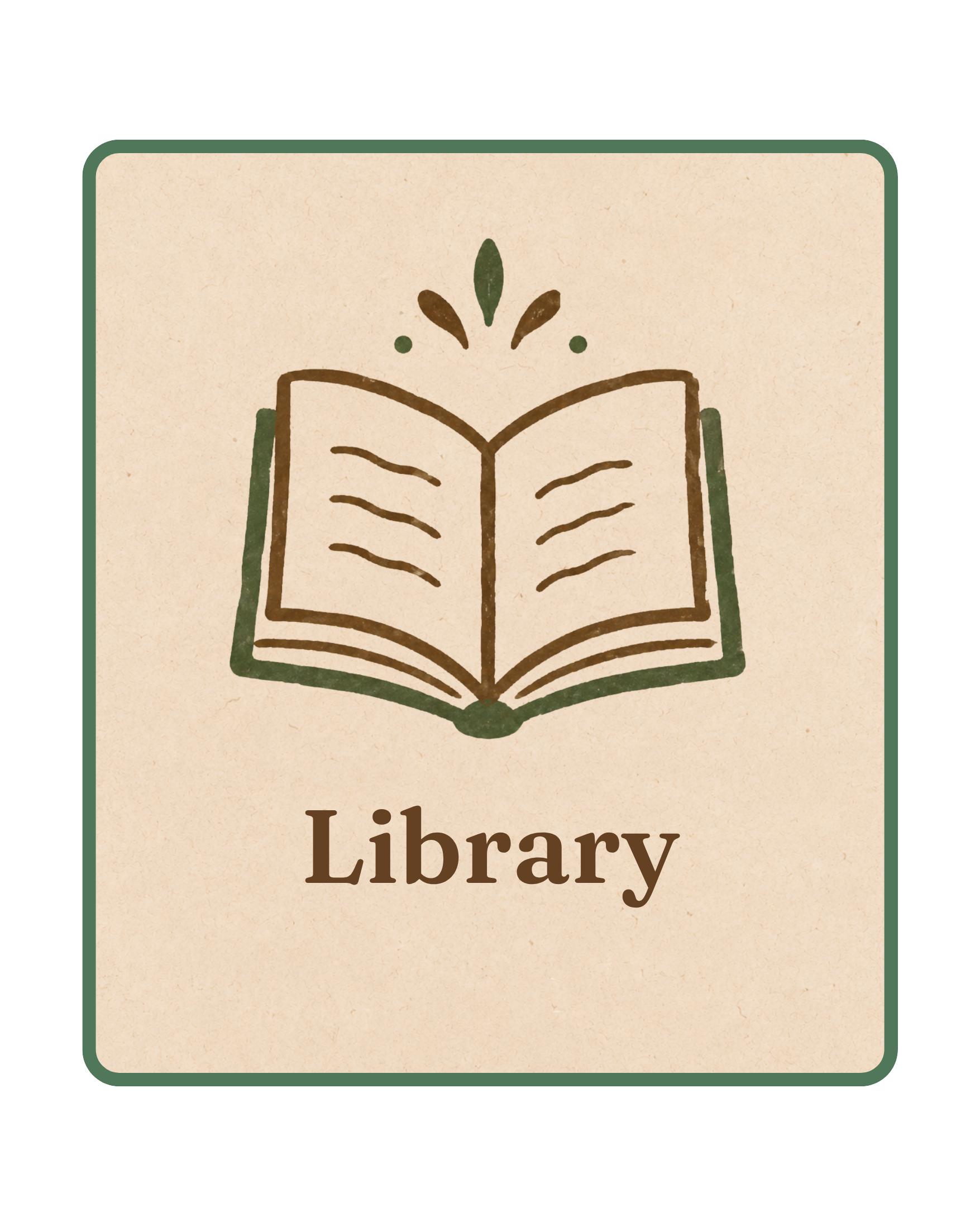 Book cover with a stylized open book and small decorative shapes above it, displaying the words "Library".