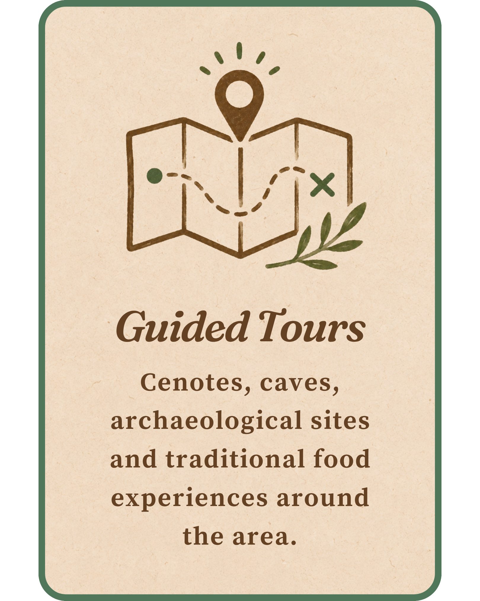 Illustration of a map with a dotted path, a location pin, a green dot, a green cross, and a small branch, alongside the text "Guided Tours".