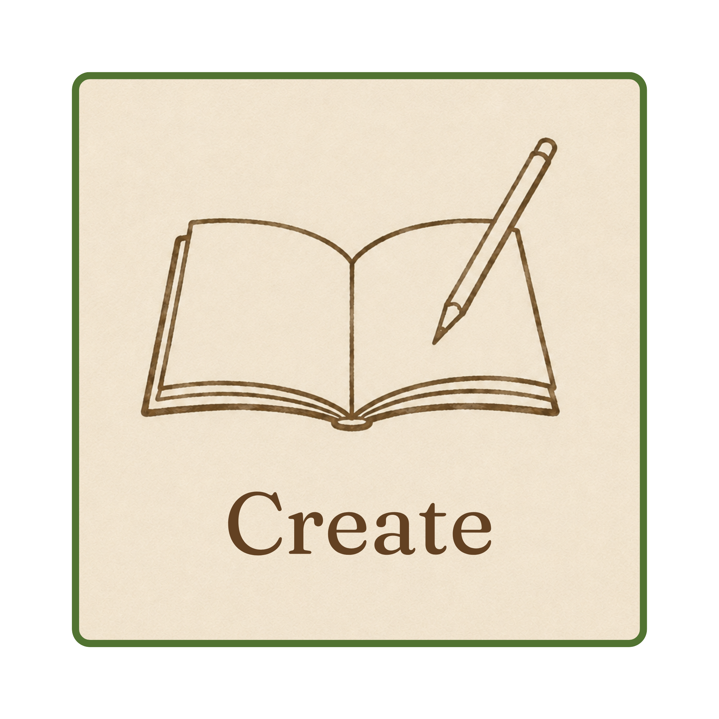 A logo with a sketch of an open book and a pen, and the text 'Creative' below it.