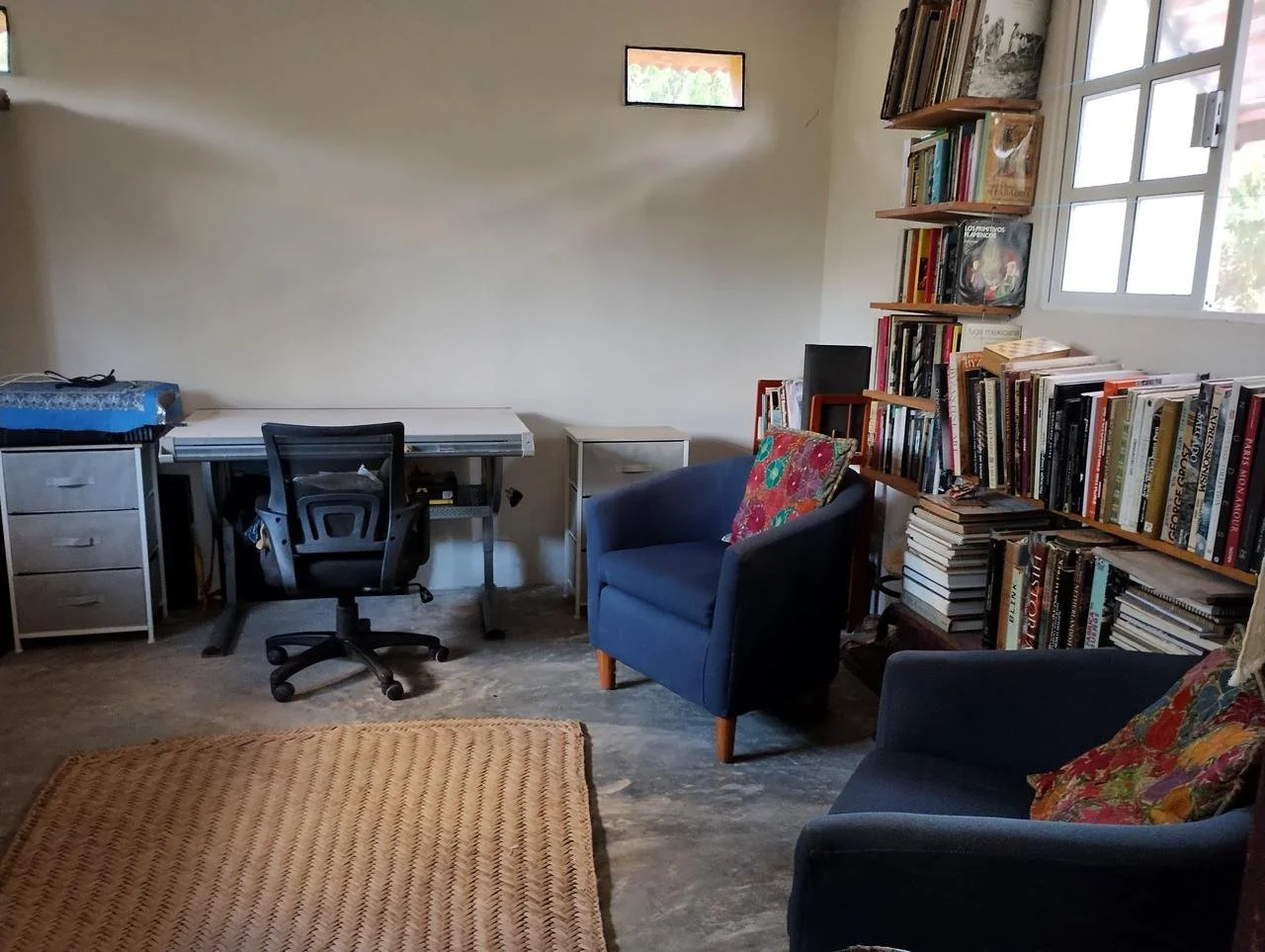 A home office or reading room with a desk and office chair on the left, two dark blue armchairs with colorful cushions in the center, a tall bookshelf filled with books on the right, a small window on the top right corner, and a framed picture on the wall. The floor is concrete and there is a woven rug in front.