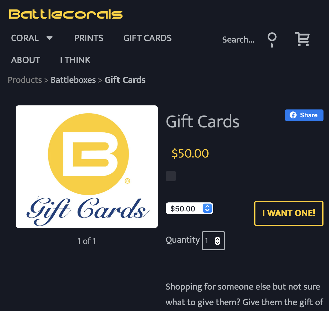 $250 Battle Corals Gift Card