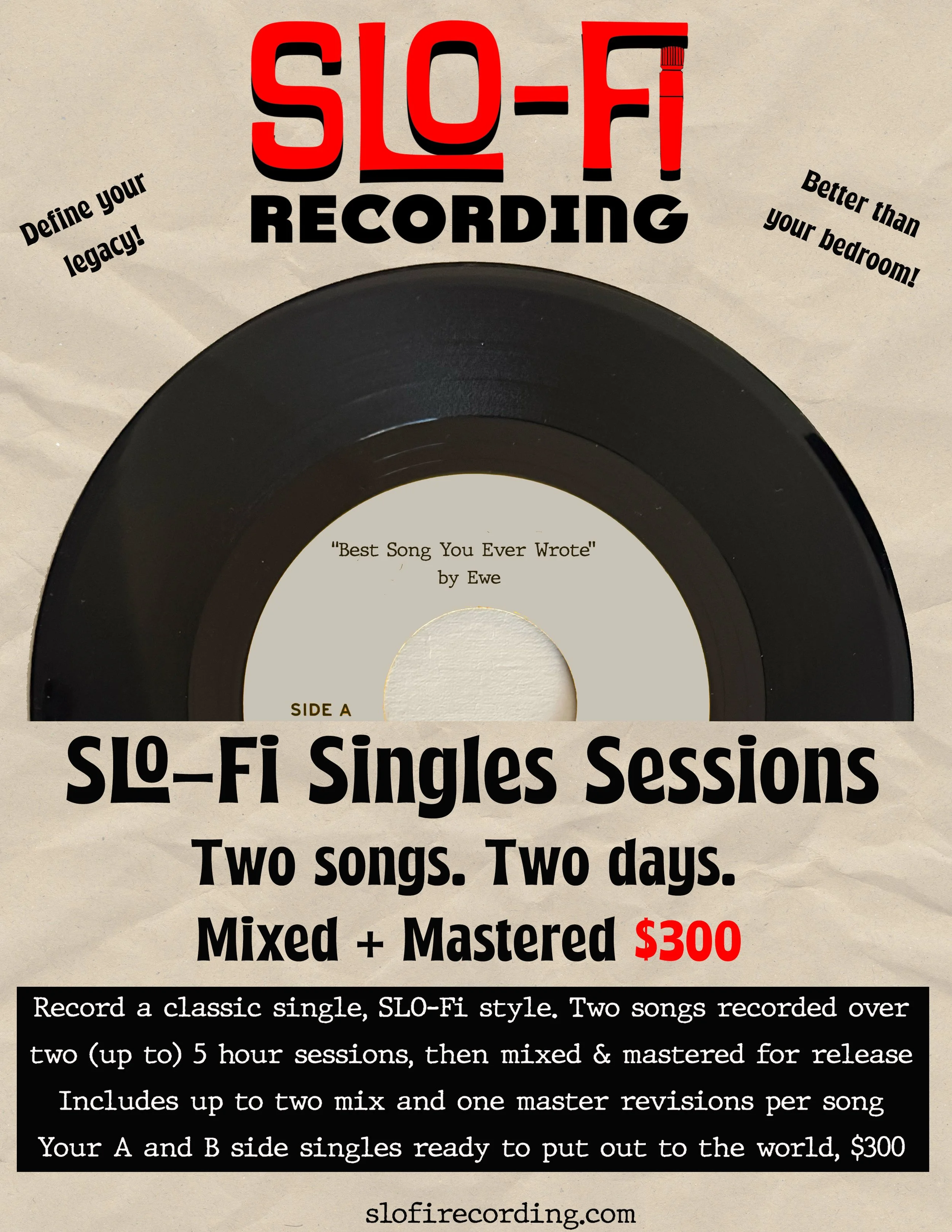SLO-FI Recording vintage vinyl record advertisement offering two-song single sessions, mixed and mastered for $300.