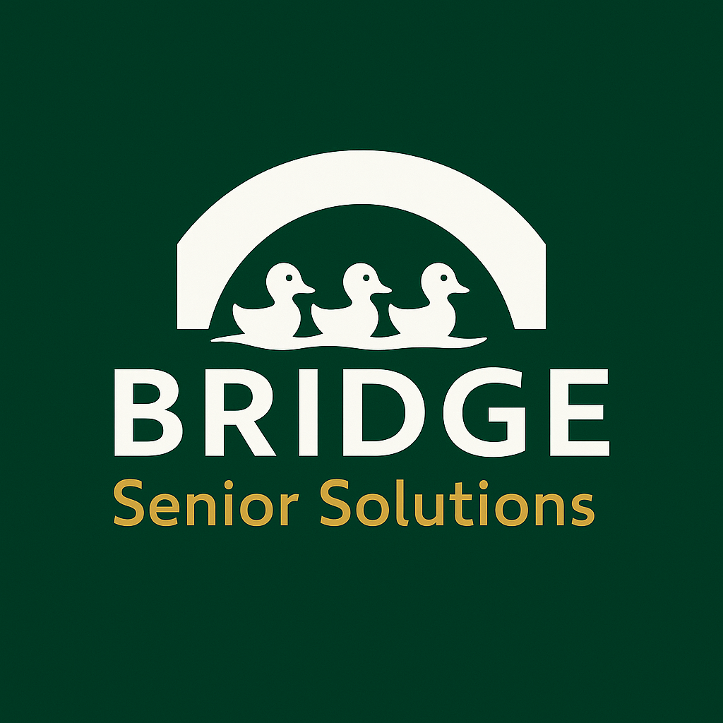 Logo of Bridge Senior Solutions featuring three ducks crossing a bridge with the company name underneath.