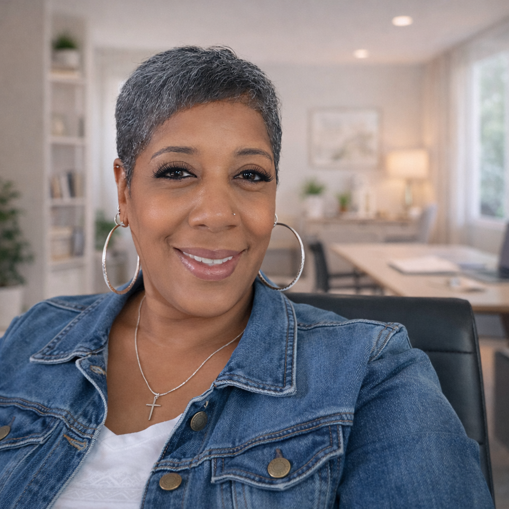 Close-up of a smiling woman with short gray hair, wearing a denim jacket, hoop earrings, and a cross necklace, sitting in an office with a bright, organized background.
