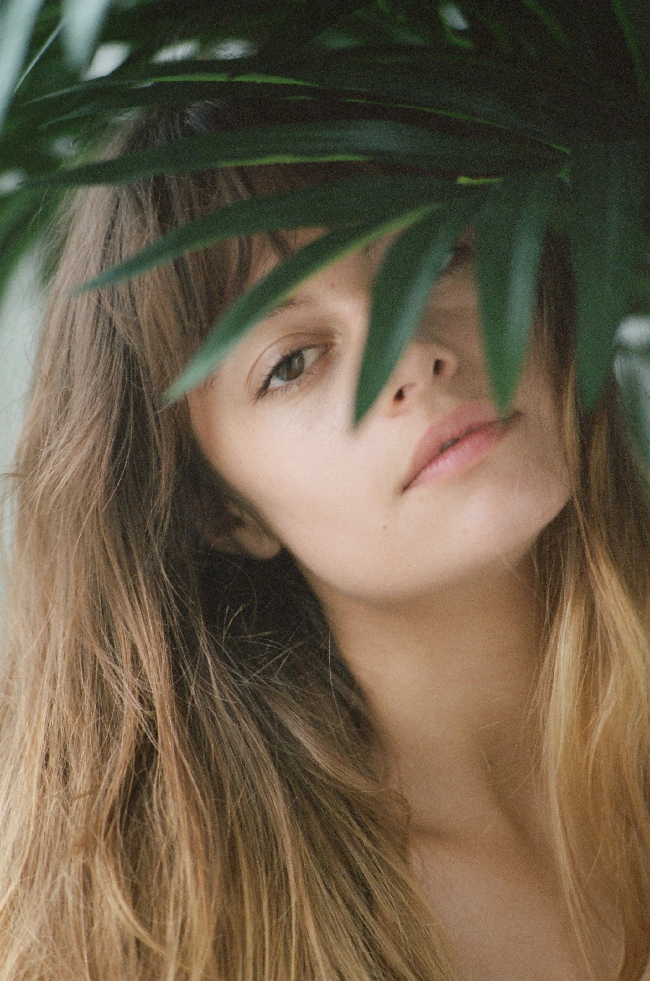 A young woman with long, wavy, light brown hair is partially obscured by green leaves, with only one eye and part of her lips visible, as she looks through the foliage.