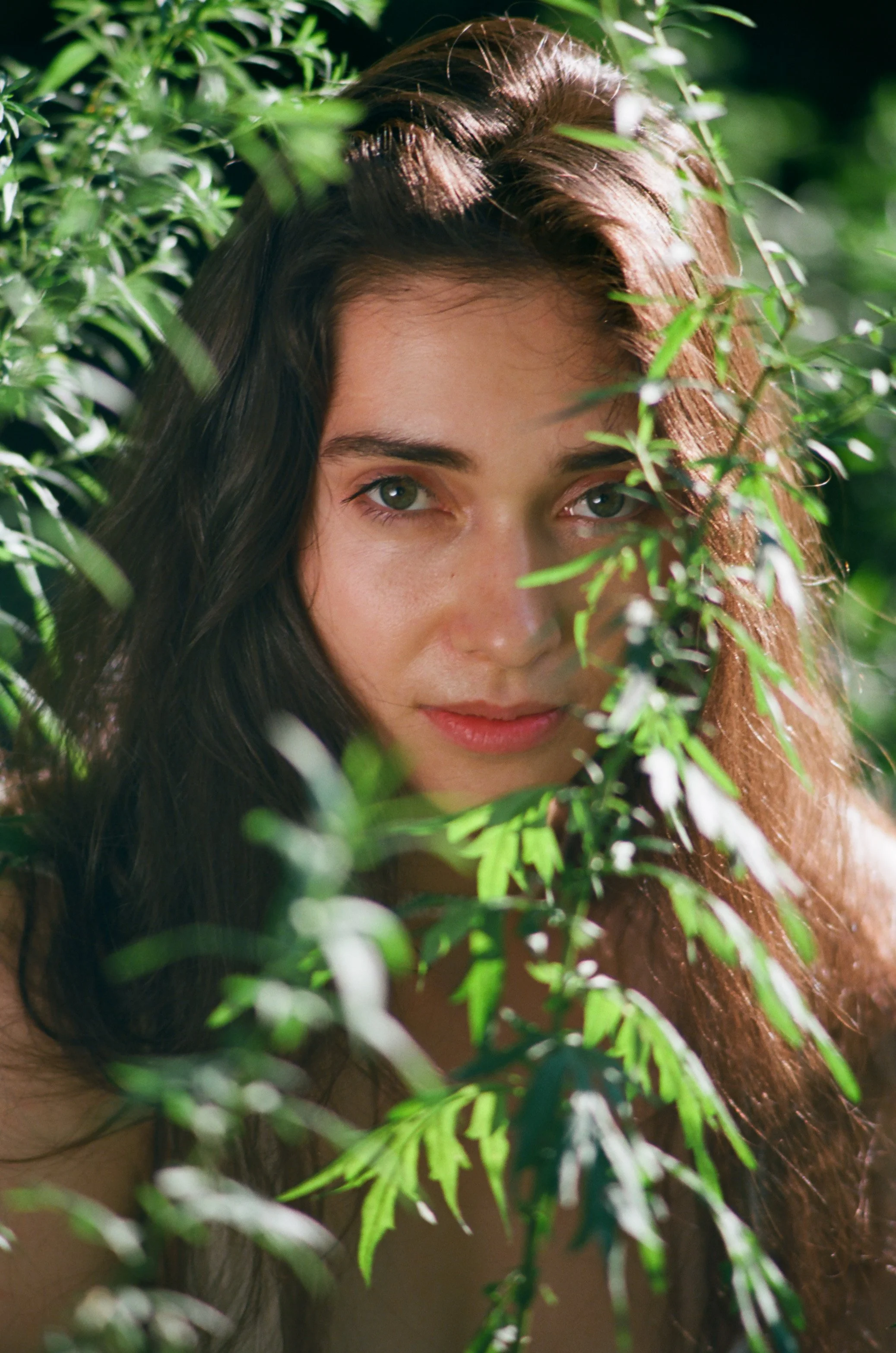 A young woman with dark hair and green eyes peeking through green foliage.