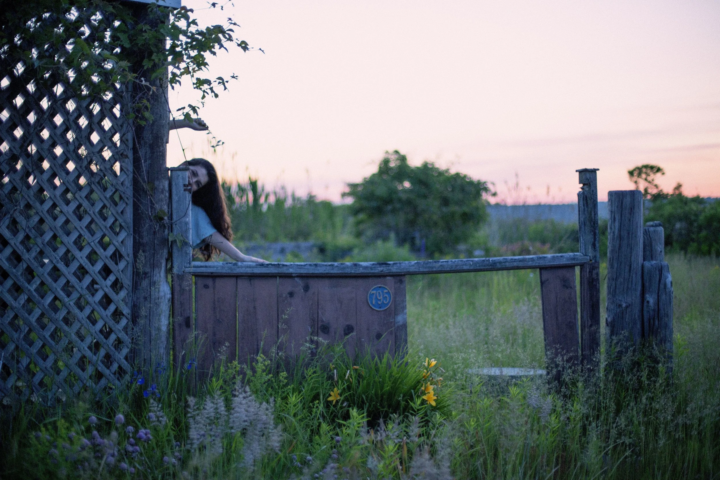 A girl with long dark hair leaning against a rustic wooden gate with the house number 795, amidst tall grass and wildflowers, at dusk with a pink and purple sky and trees in the distance.