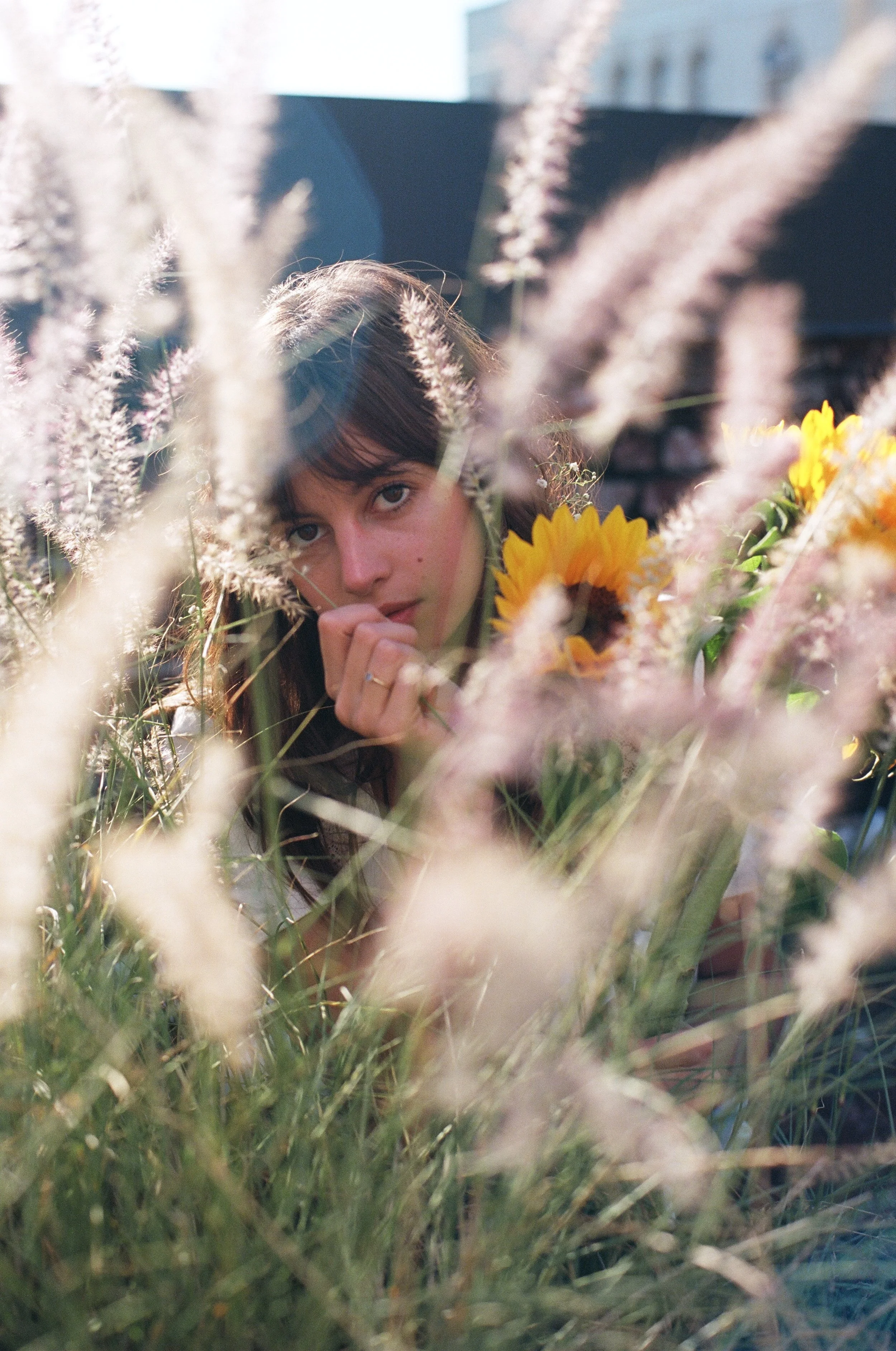 A young woman with dark hair and brown eyes looking through tall grasses and flowers, including yellow sunflowers, in an outdoor urban setting.