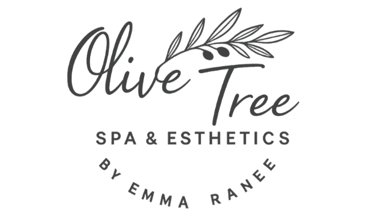 Logo for Olive Tree Spa & Esthetics by Emma Ranel featuring a stylized olive branch above the text.