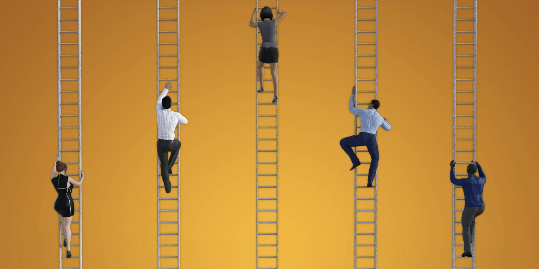 Six people climbing or hanging on metal ladders against an orange background, with one person at the top of the middle ladder holding onto the top rung.