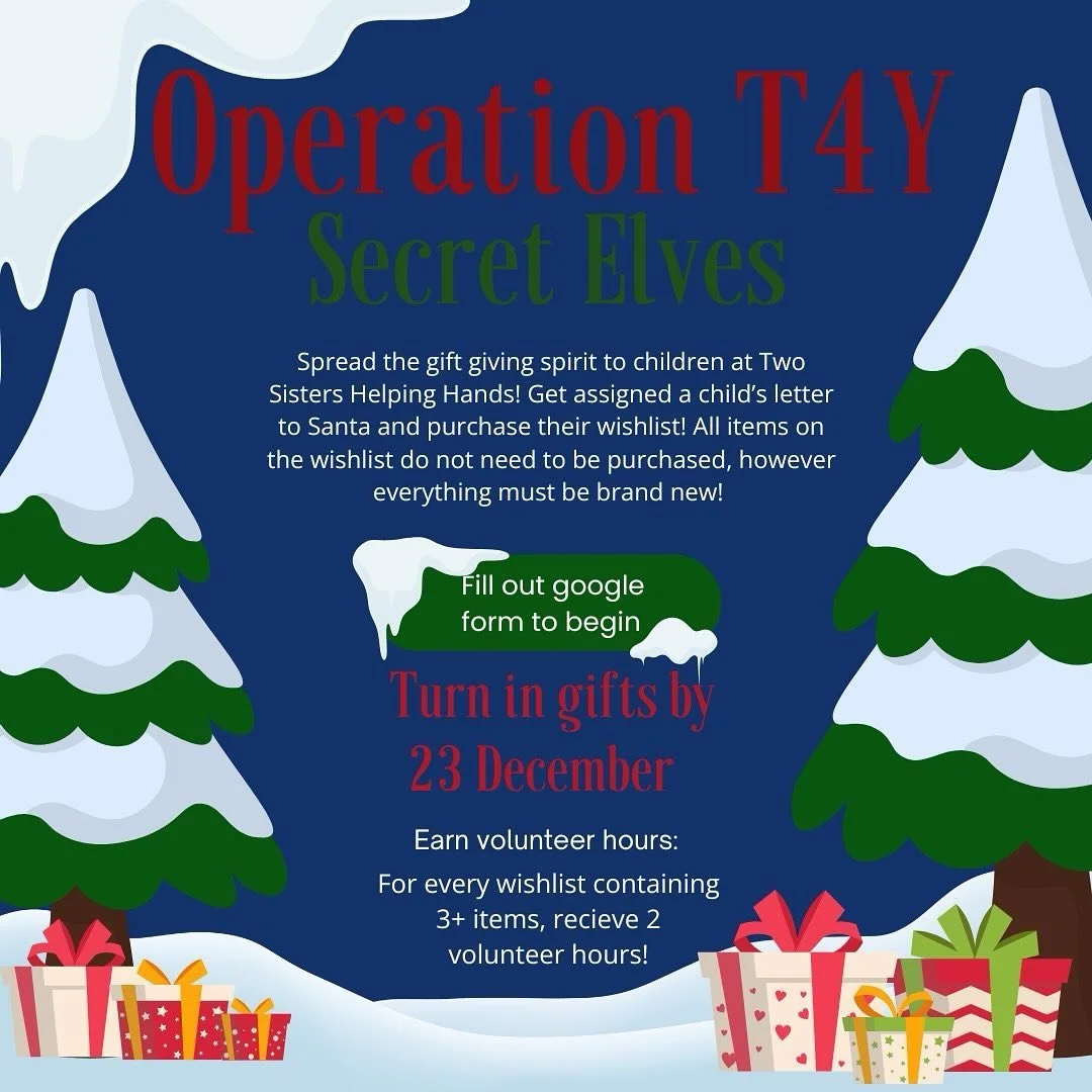 Operation T4Y: Secret Elves is ready to begin. Get assigned a child&rsquo;s wishlist and for every wishlist completed containing a minimum of 3 items, receive 2 volunteer hours! Fill out the google form to begin(linked in bio): https://forms.gle/8cJy