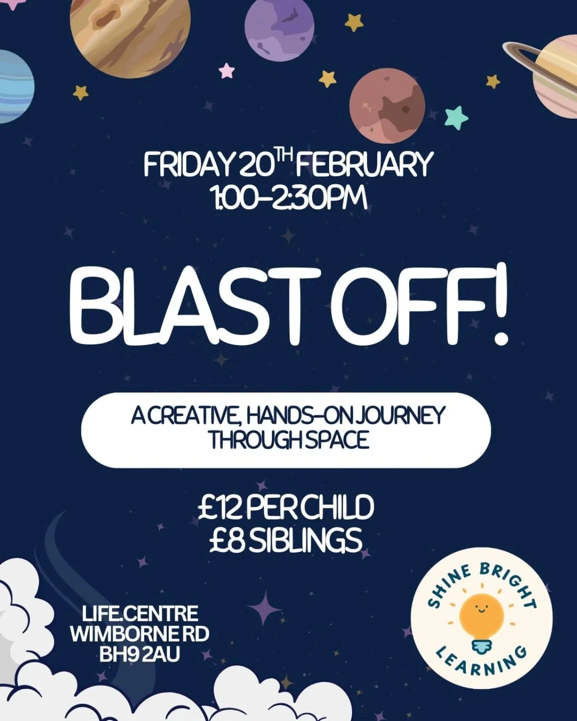 🚀 Blast Off - Booking is LIVE!🚀

Join me in half term for an adventure through space, full of creative, hands-on learning ✨ This drop-off group is perfect for ages 4-11 and you can book now via my website: www.shinebrightlearning.uk - head to 'Onli