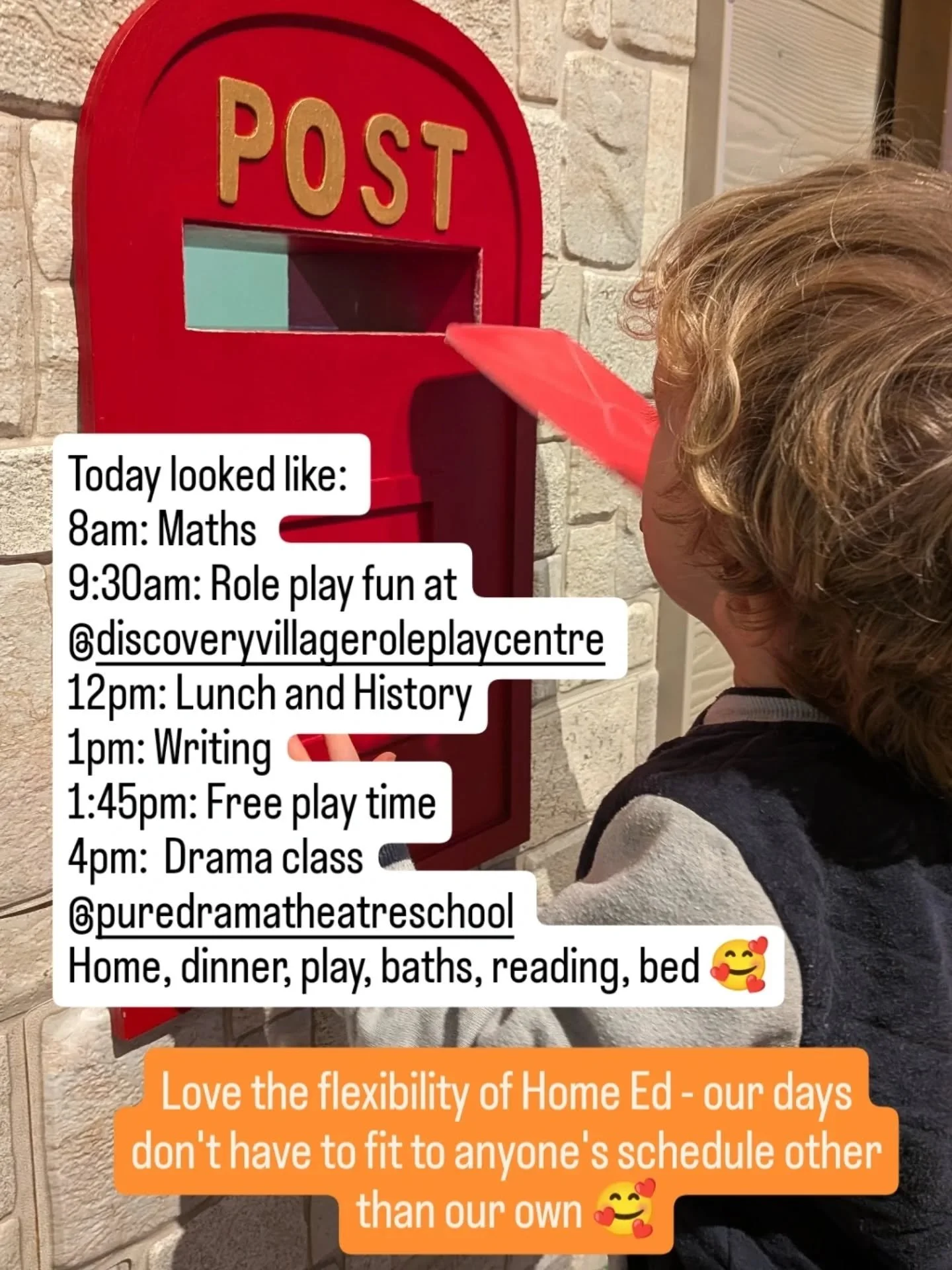 Today looked like:
✨ 8am: Maths
✨ 9:30am: Role play fun at @discoveryvillageroleplaycentre
✨ 12:30pm: Lunch and History
✨ 1pm: Writing 
✨ 1:45pm: Free play time
✨ 4pm: Drama class @puredramatheatreschool 
✨Home, dinner, baths, reading, bed 🥰

...all
