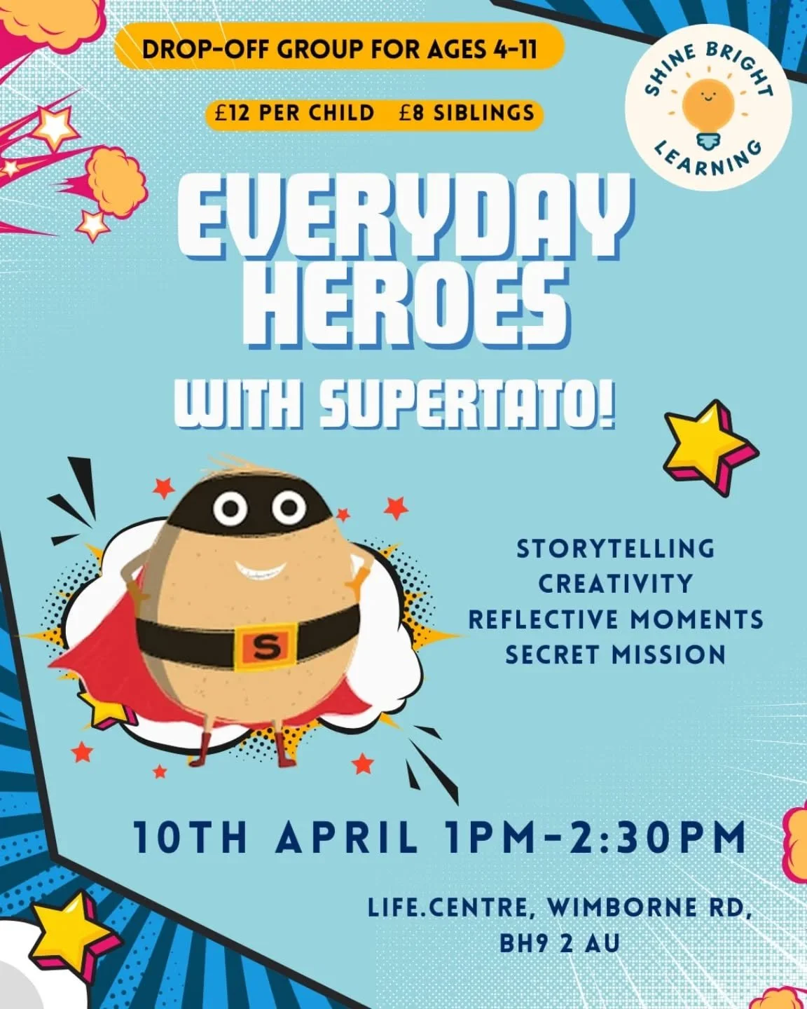 🦸&zwj;♂️Everyday Heroes🦸&zwj;♂️

At this drop-off session for children aged 4-11, children will engage in creative, storytelling-based activities linked with the story of Supertato 💥

As part of the session, each child will have the opportunity to