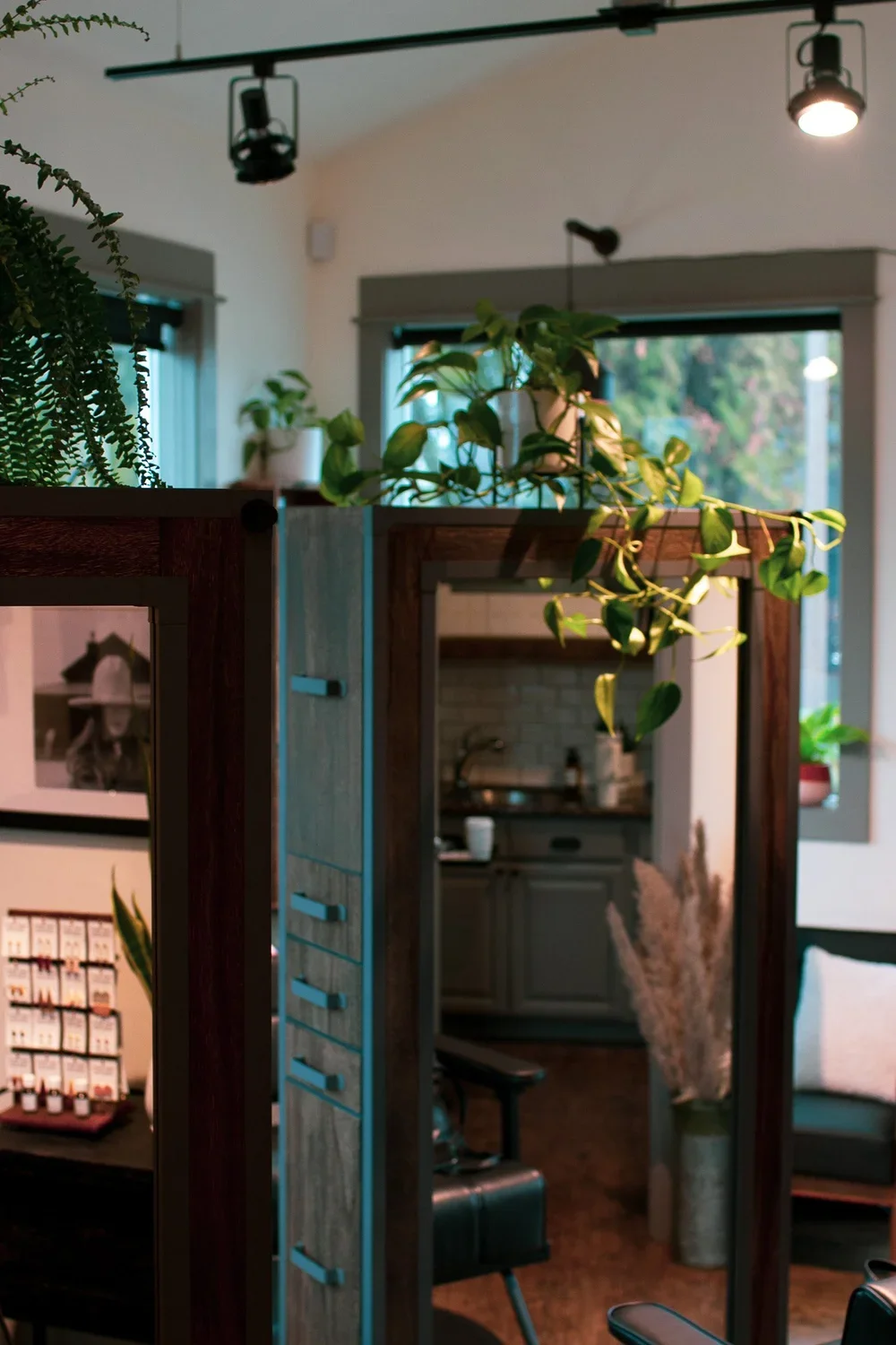 Indoor room with green plants, wooden partitions, a window with blinds, and cozy furniture, including a black armchair and a sofa with cushions, in warm lighting.