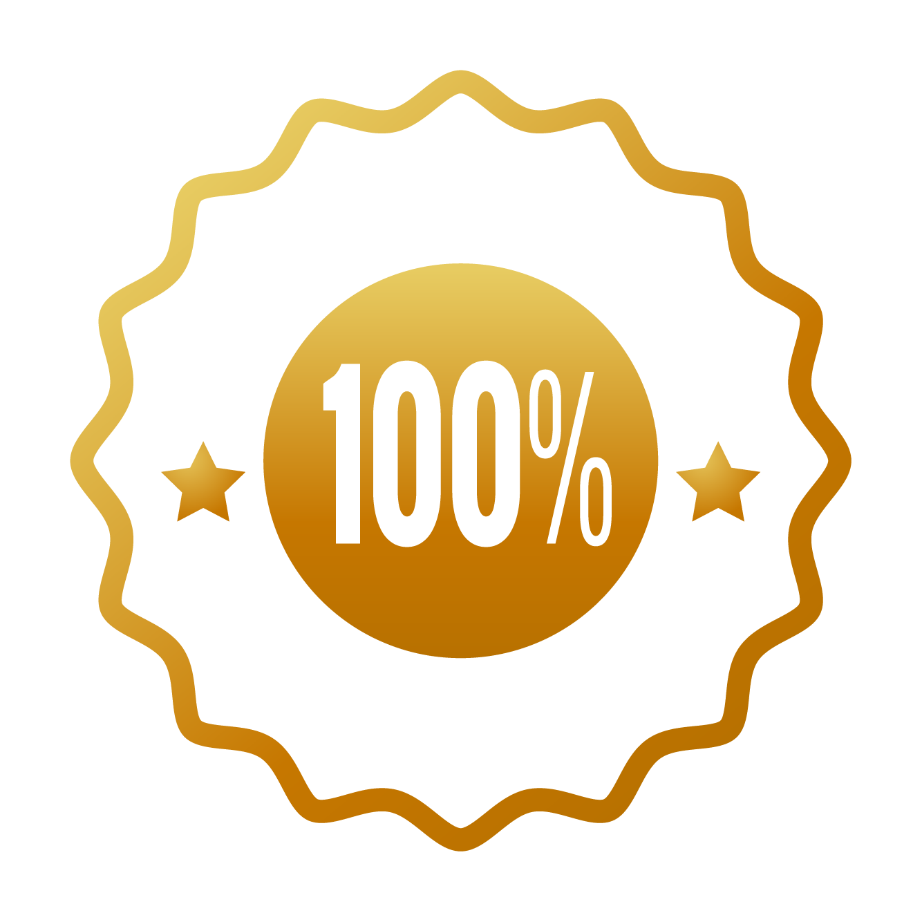 Gold badge with white text reading 100%.
