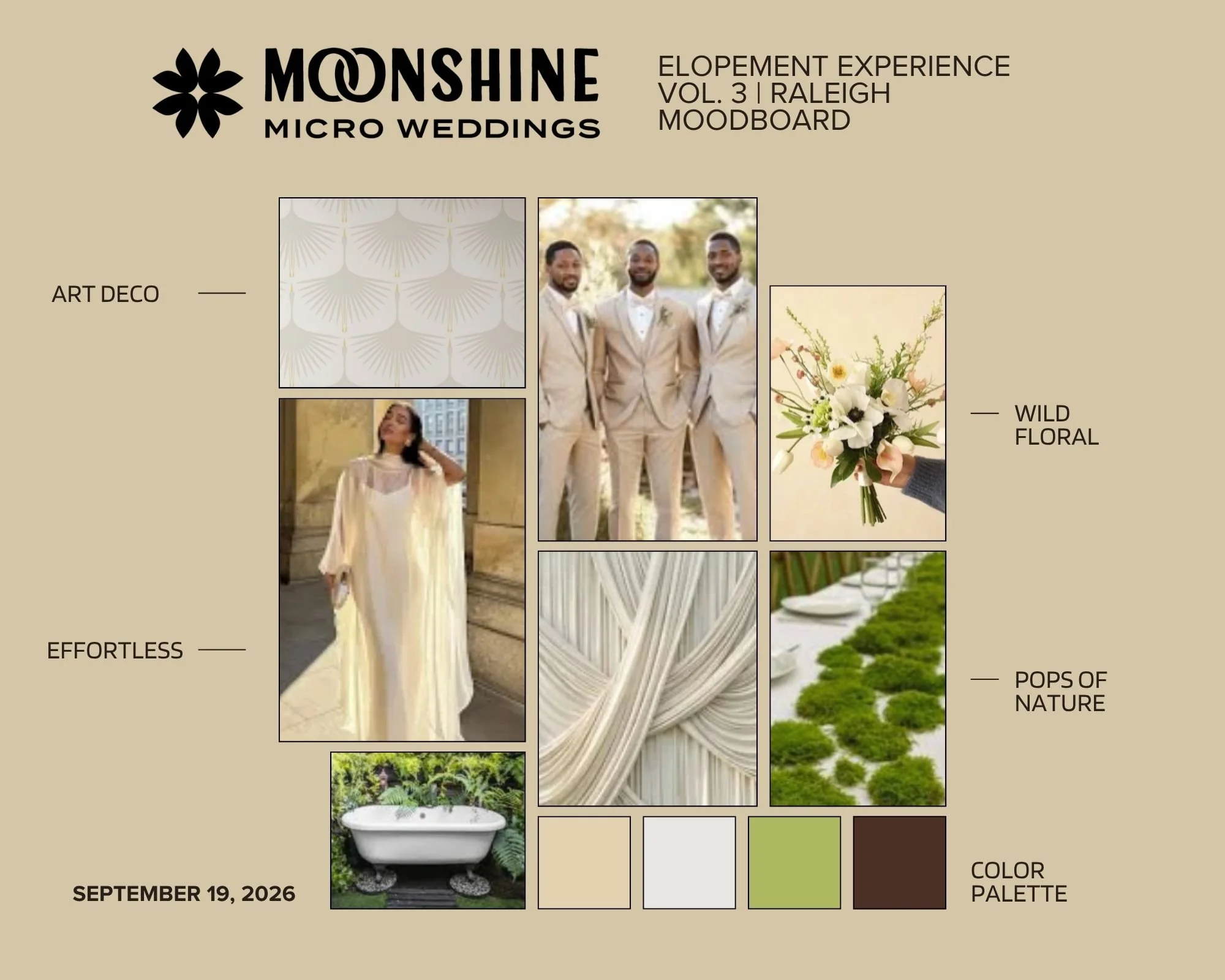 A mood board titled Mondshyne Micro Weddings for an elopement experience in Raleigh. It features images of art deco patterns, a group of three men in suits, a woman in a light-colored dress, a bouquet of white and pale pink flowers, a white bathtub with greenery, and a path lined with neatly trimmed greenery. The color palette includes shades of beige, white, light green, and dark brown.
