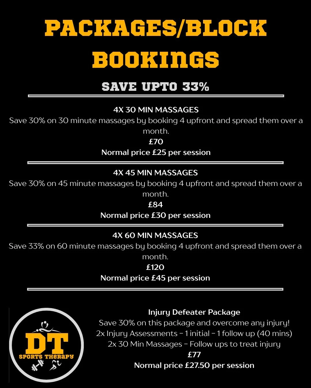 PACKAGES AVAILABLE

Make big savings by booking your treatment through a package.

Perfect for anyone wishing to take care of themselves consistently, someone who is overcoming an injury or someone who wants to relax and de-stress

#selfcare #massage
