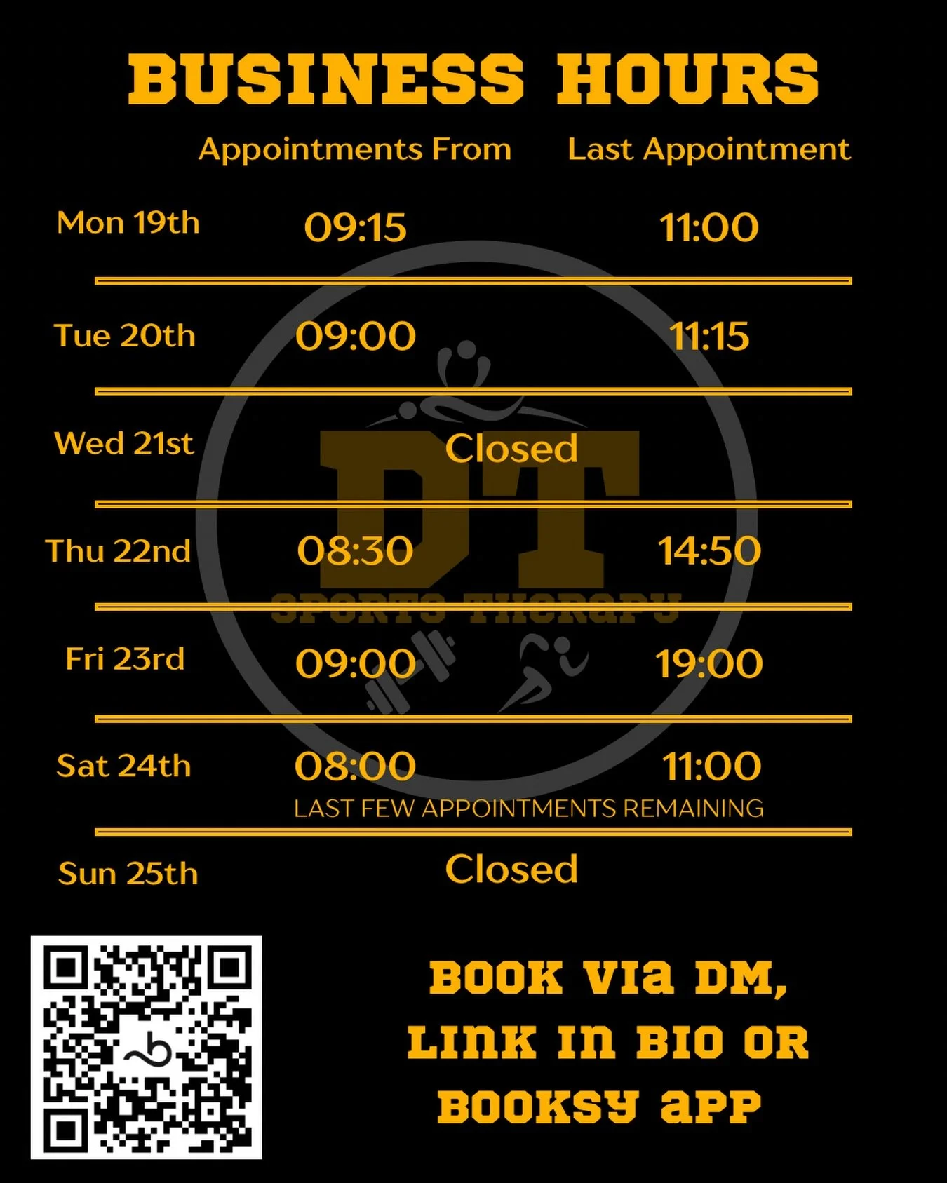 Some alterations to normal hours this week due to other roles. 

DM to discuss if these ours aren&rsquo;t compatible with your schedule. I will try and make sure everybody gets seen! 🚀 💪

&mdash;
#massage #sportsmassage #sportsmassagetherapist #spo