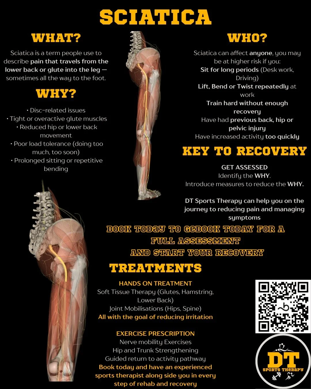 Sciatica pain is an issue that lots of people face daily.

If you have any of the above symptoms or work in any jobs/fashions mentioned, book in today for a full assessment, treatment and journey to reduce pain.

Book via the links in the bio or by m