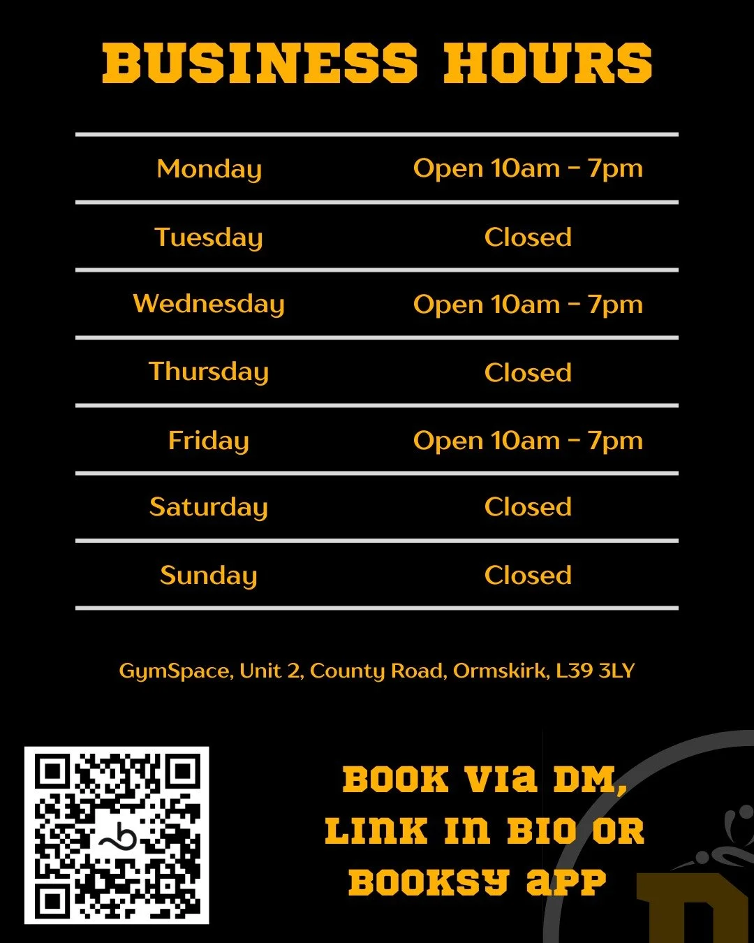 Some small changes to Business hours for the next few weeks.

Open Monday, Wednesday and Friday

Any changes will be shown in the Booksy app

--

#sportsmassage #sportstherapy #sportsrehab #ormskrik #ormskirkbusiness #painrelief #injuryprevention #in